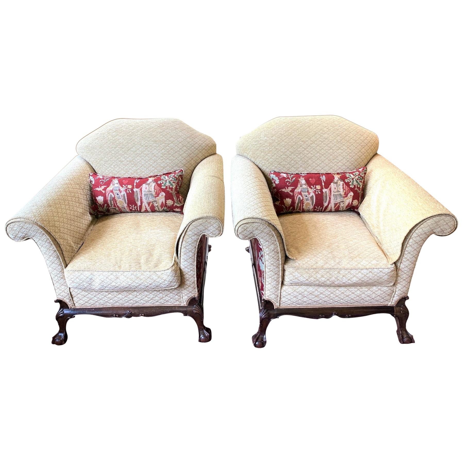 Antique Pair of English Upholstered Club Chairs