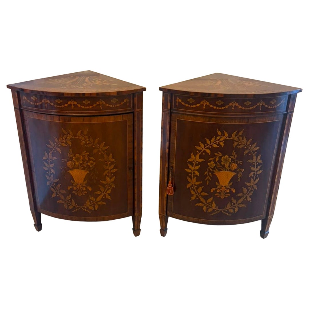 Antique Pair of English Victorian Marquetry Inlaid Mahogany Corner Cabinets