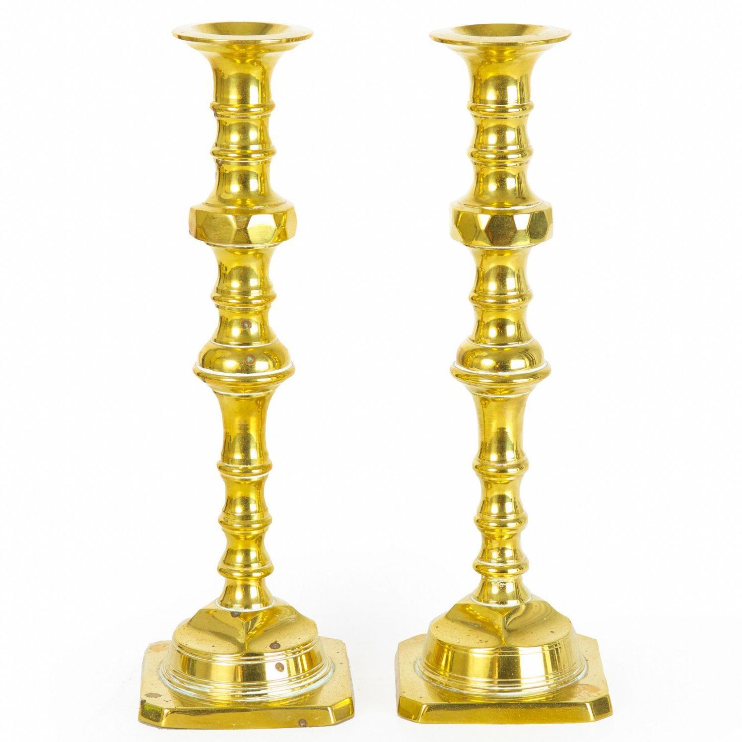 British Antique Pair of English Victorian Turned-Brass Candlesticks, 19th Century