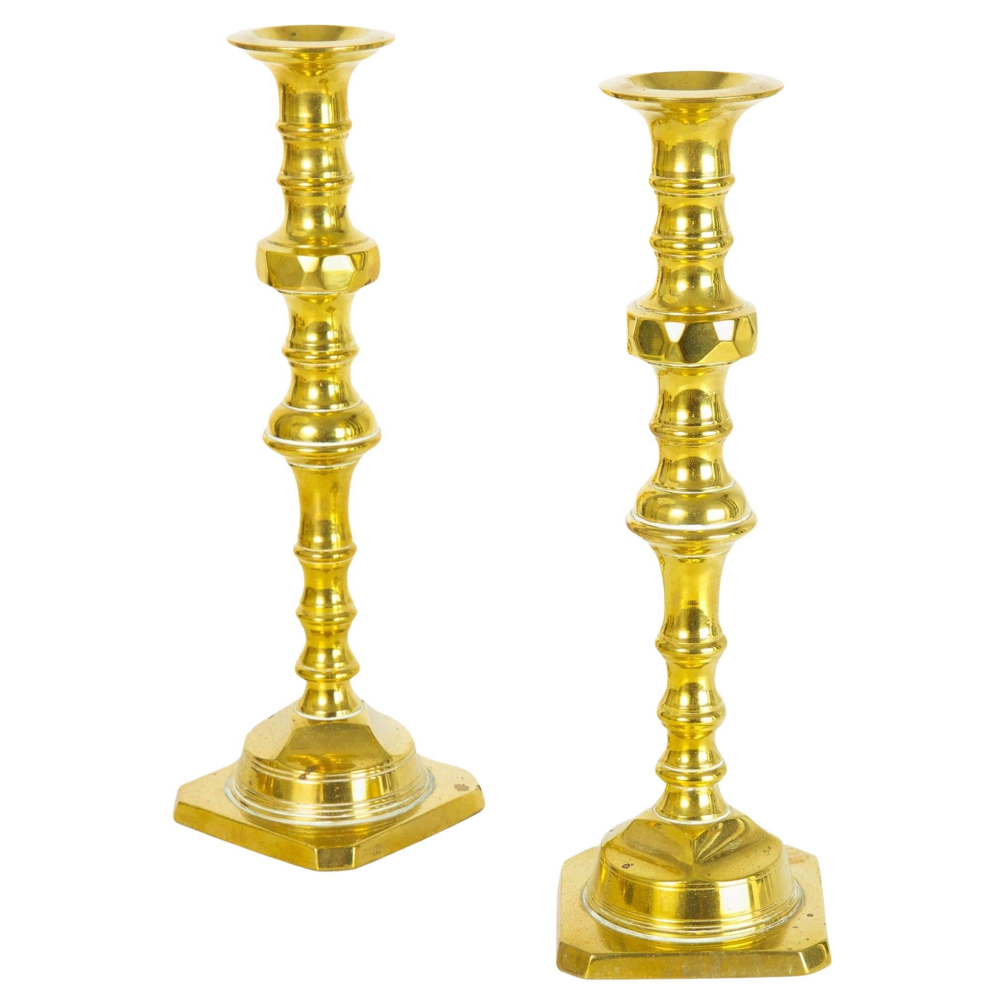 Antique Pair of English Victorian Turned-Brass Candlesticks, 19th Century