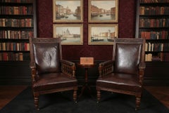 Antique Pair of English Walnut Leather Armchairs 19th Century