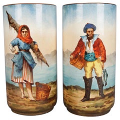 Antique Pair of European Royal Bonne School Porcelain Vases, Pirate Scene