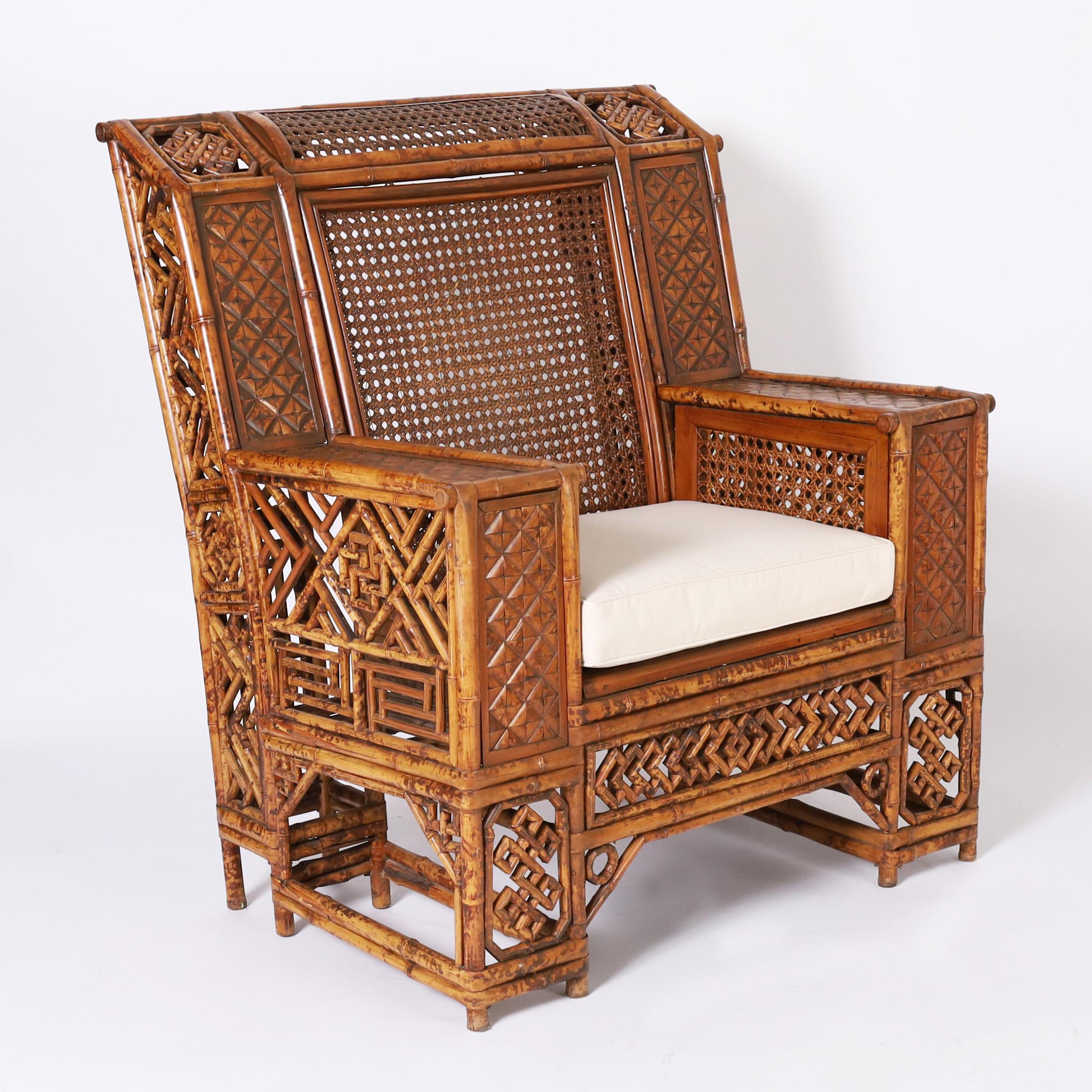 Hand-Crafted Antique Pair of Exceptional Chinese Chippendale Bamboo Club Chairs