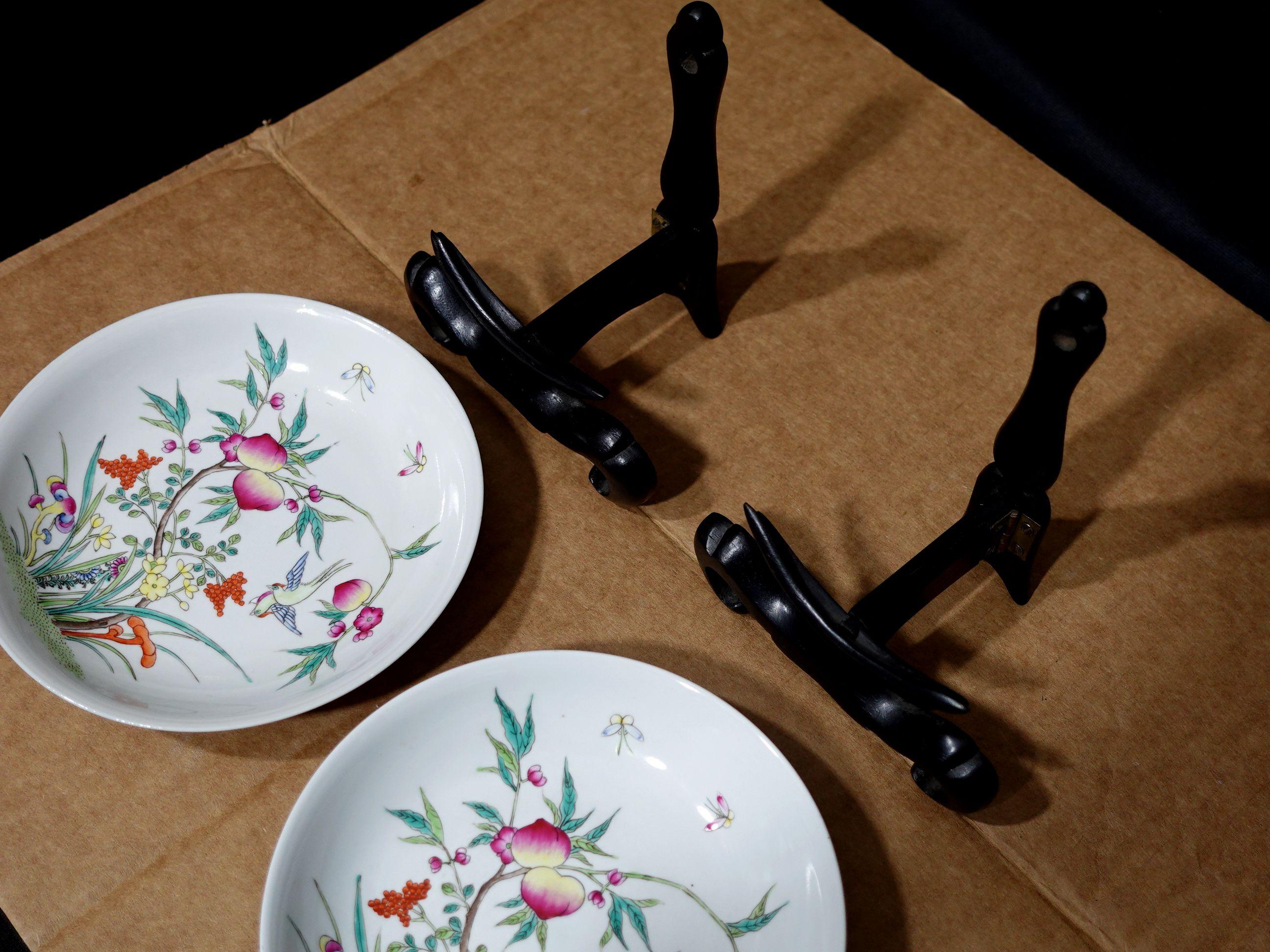 Antique Pair of Famille Rose Plates on Wood Stands Marked (荊桂堂金), 19th Century For Sale 6