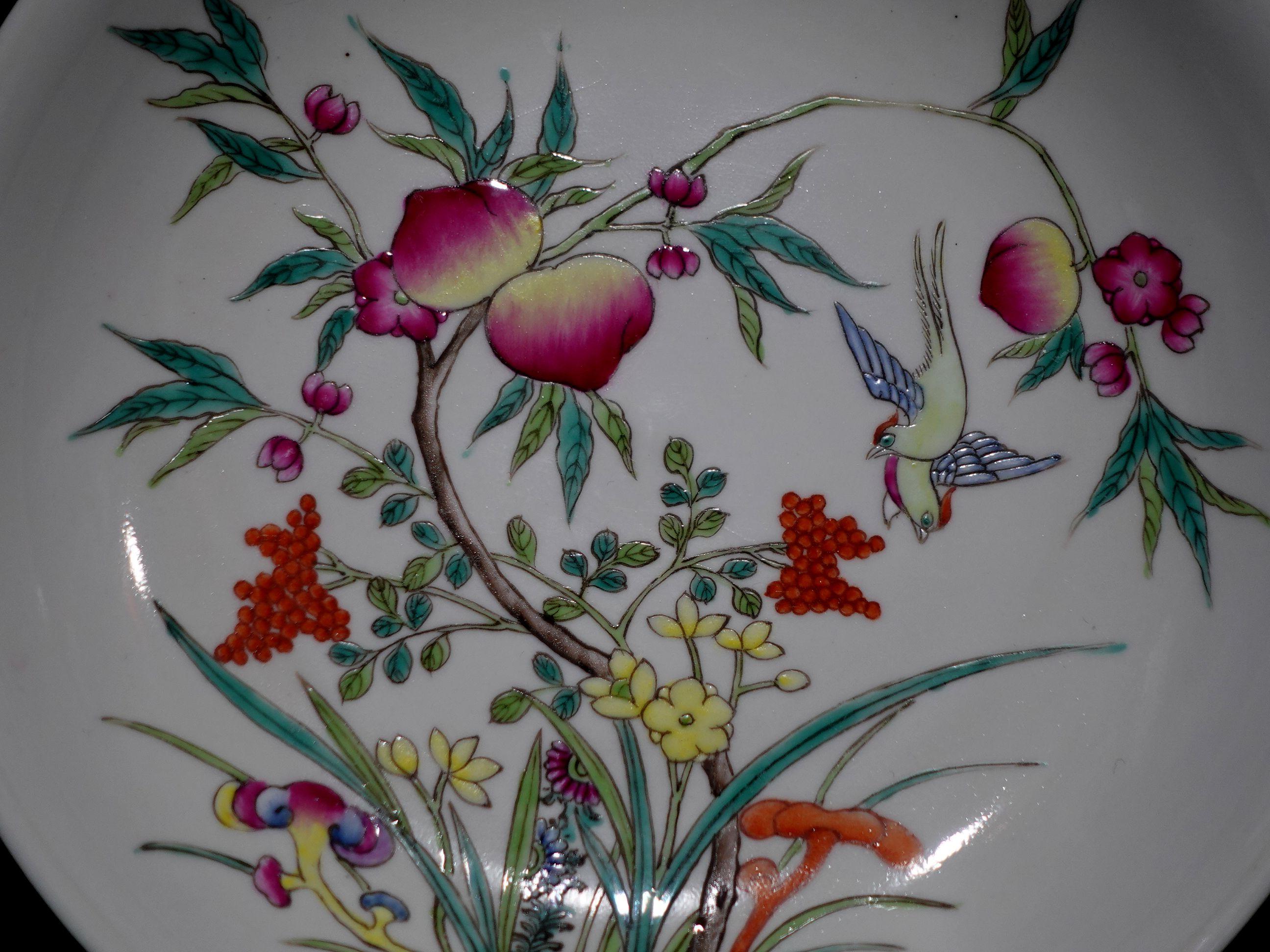 Pair of Famille Rose Plates on Wood Stands Marked, 20th Century For Sale 1
