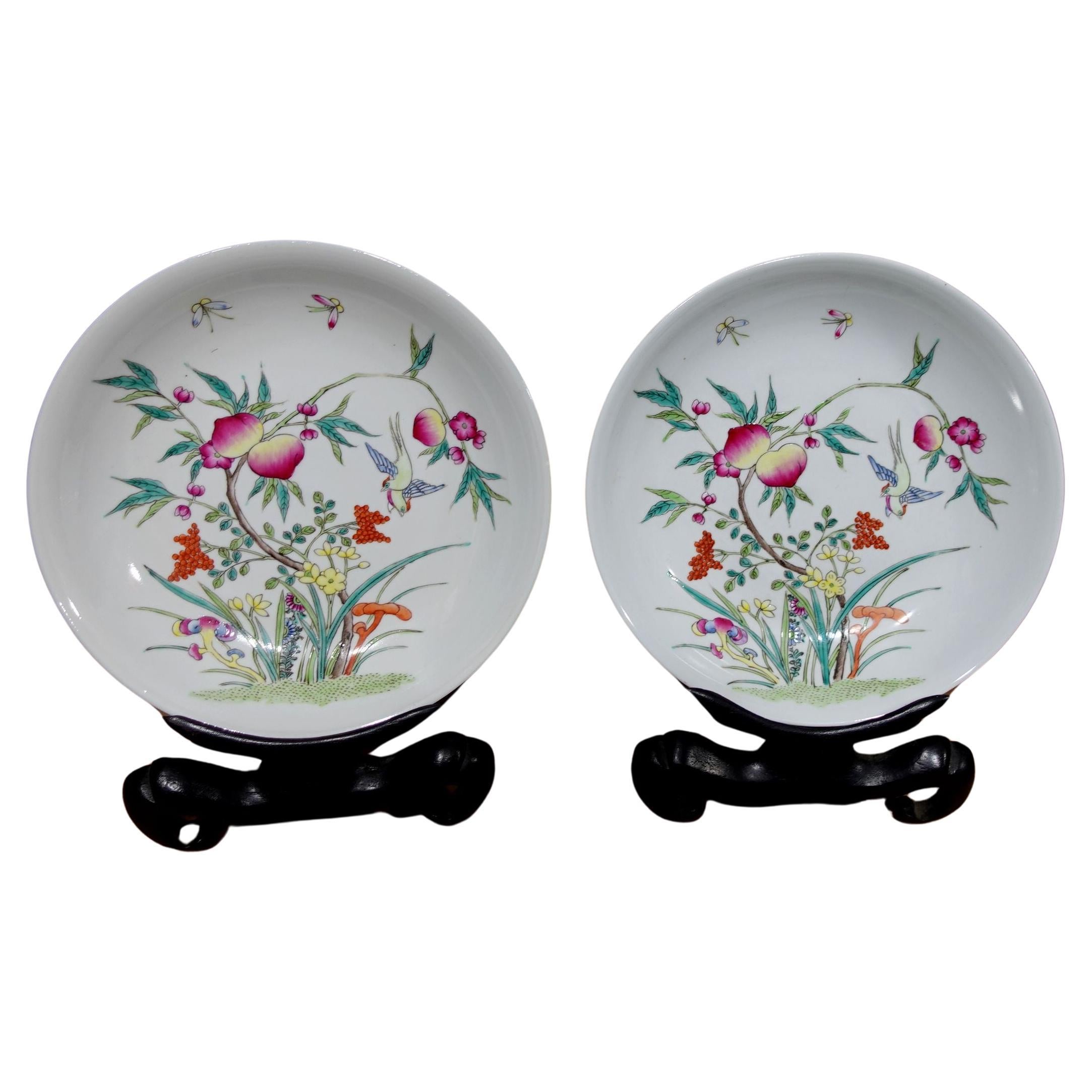 Antique Pair of Famille Rose Plates on Wood Stands Marked (荊桂堂金), 19th Century For Sale