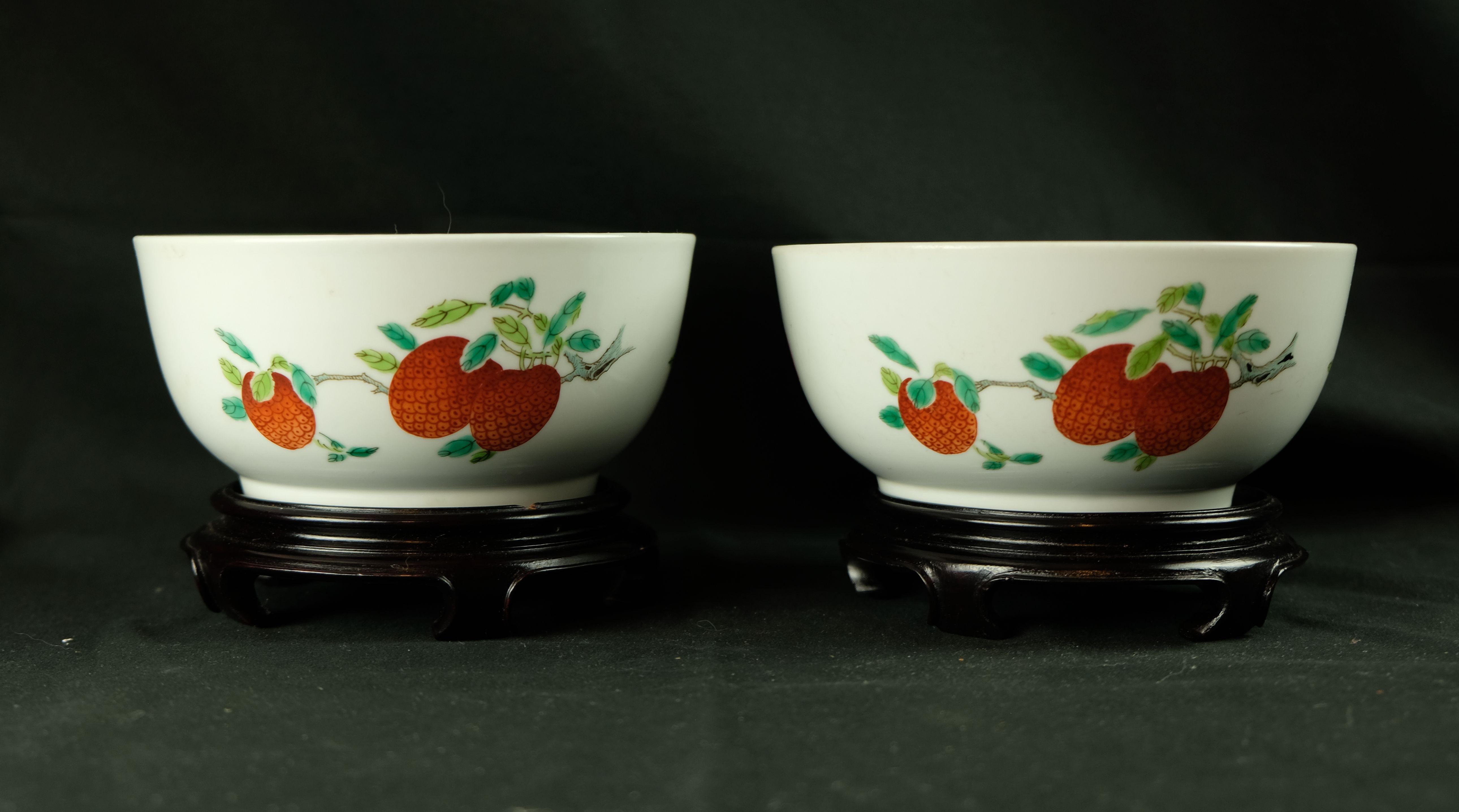 Antique - A Fine Pair of Famille Rose Sanduo bowls 
19th Century

Antique Pair of Famille Rose Sanduo Bowls, 19th Century.
Porcelain bowls, China, are enameled on the exterior with three detached fruiting sprays including lychee, pomegranate,