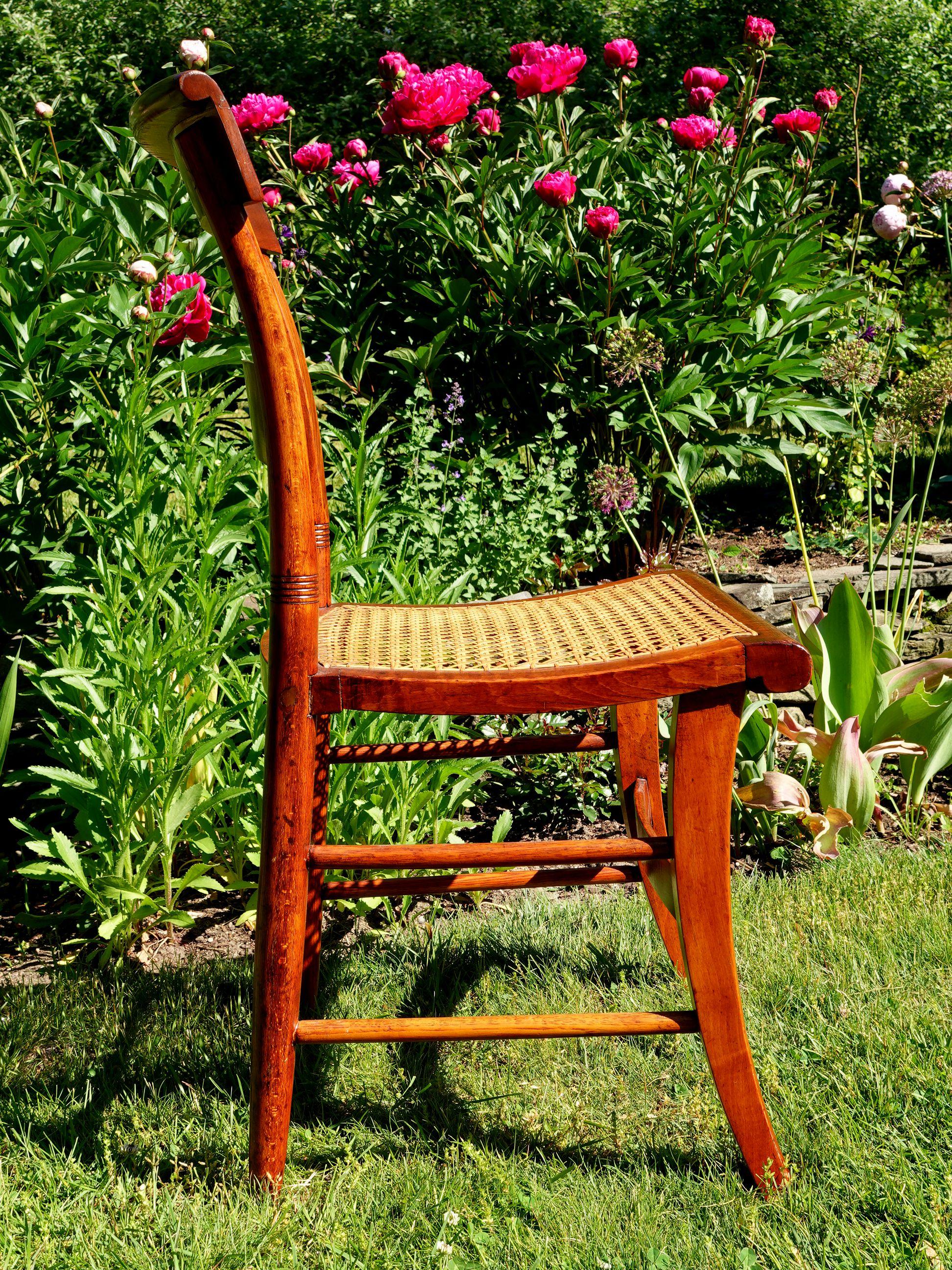 Ancienne paire de chaises de salle à manger fédérales en érable tigré et rotin à œil d'oiseau #2 en vente 10