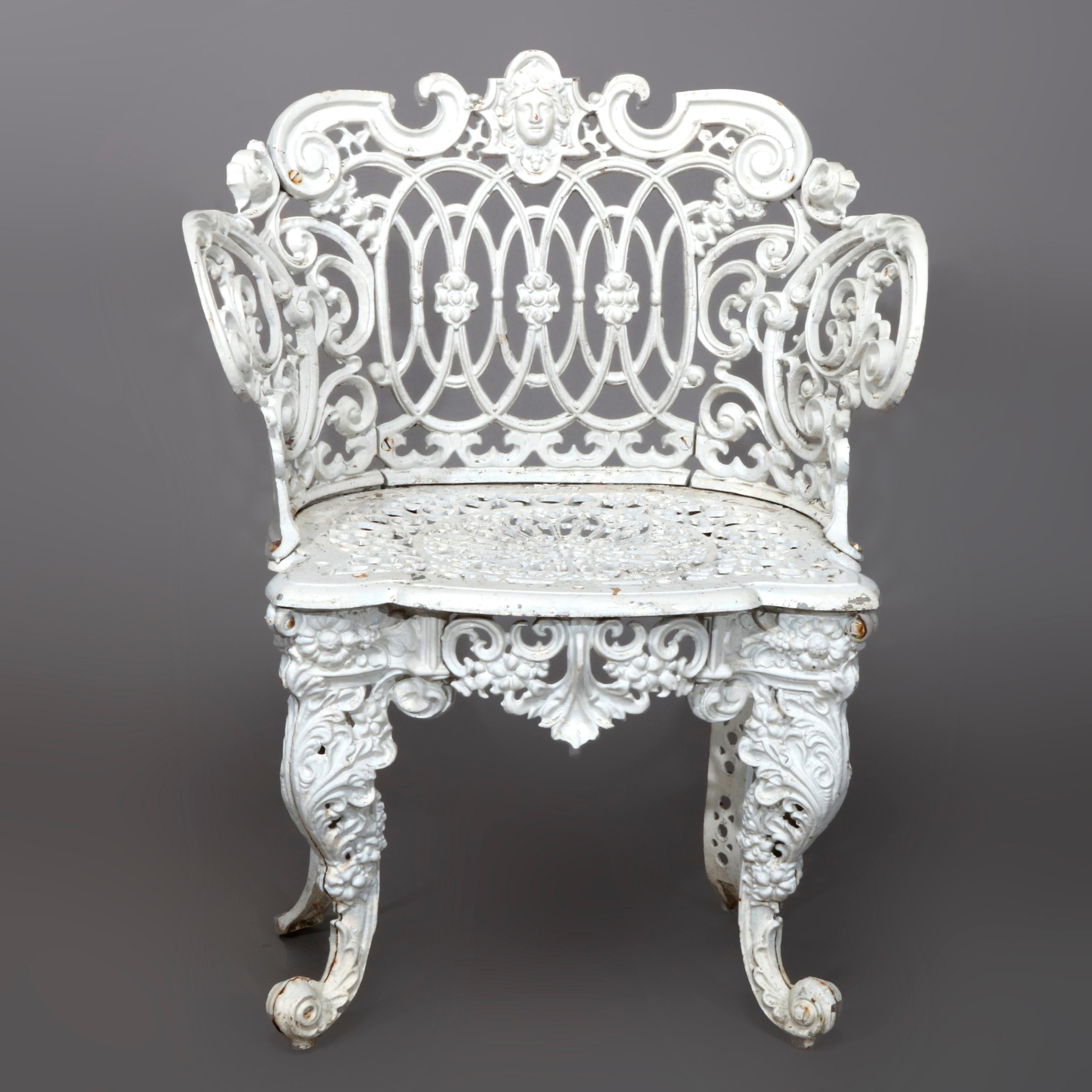 Antique Pair of Figural Cast Iron Rococo Garden Chairs, Painted White In Good Condition In Big Flats, NY