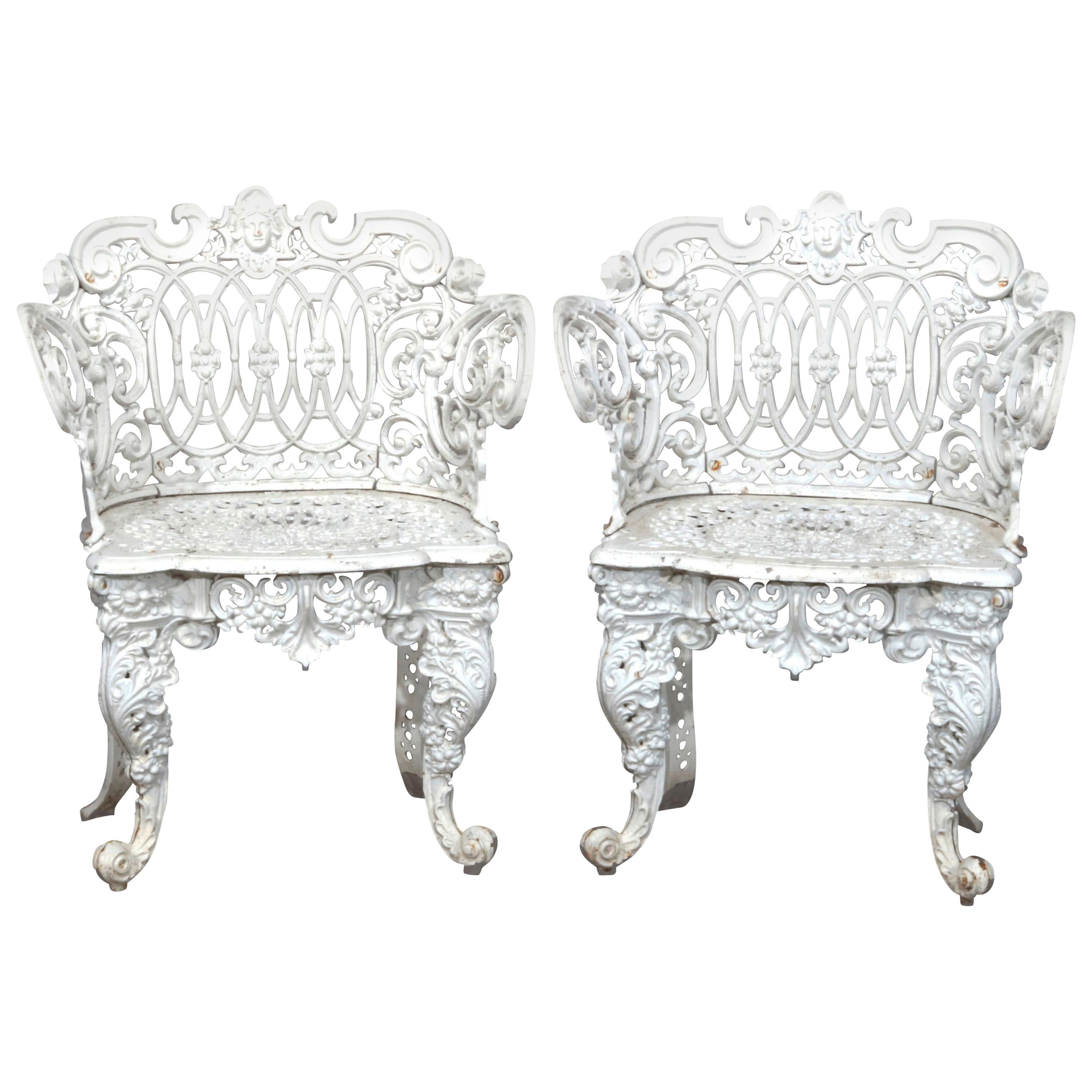 Antique Pair of Figural Cast Iron Rococo Garden Chairs, Painted White