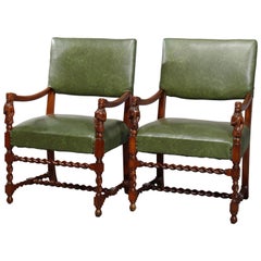 Antique Pair of Figural English Elizabethan Walnut Upholstered Armchairs