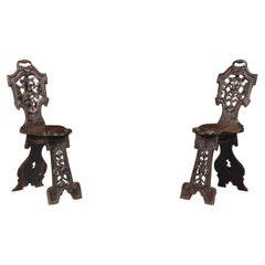 Antique Pair of Figural Heavily Carved Oak Sgabello Chairs Italy