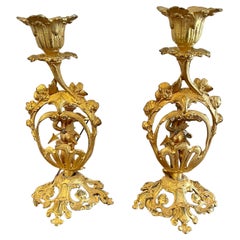 Antique Pair of Fine French Victorian Ornate Gilded Candlesticks