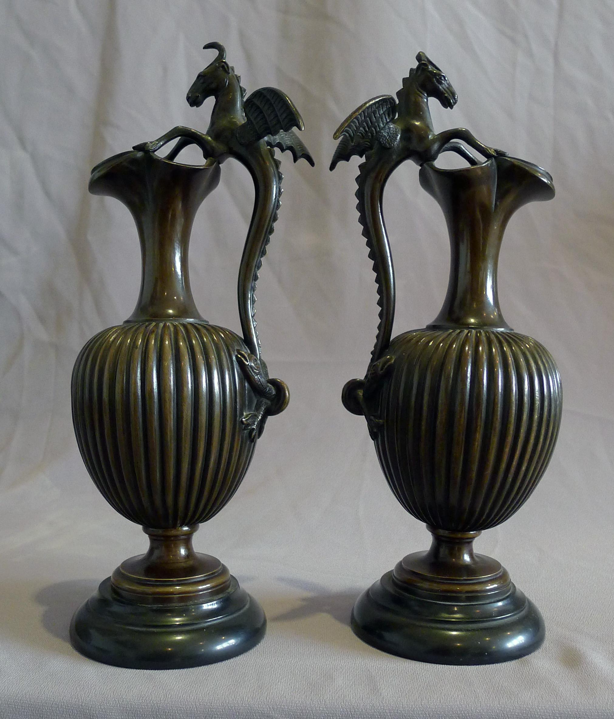 Antique Pair of Fine Patinated Bronze and Marble Urns In Good Condition For Sale In London, GB