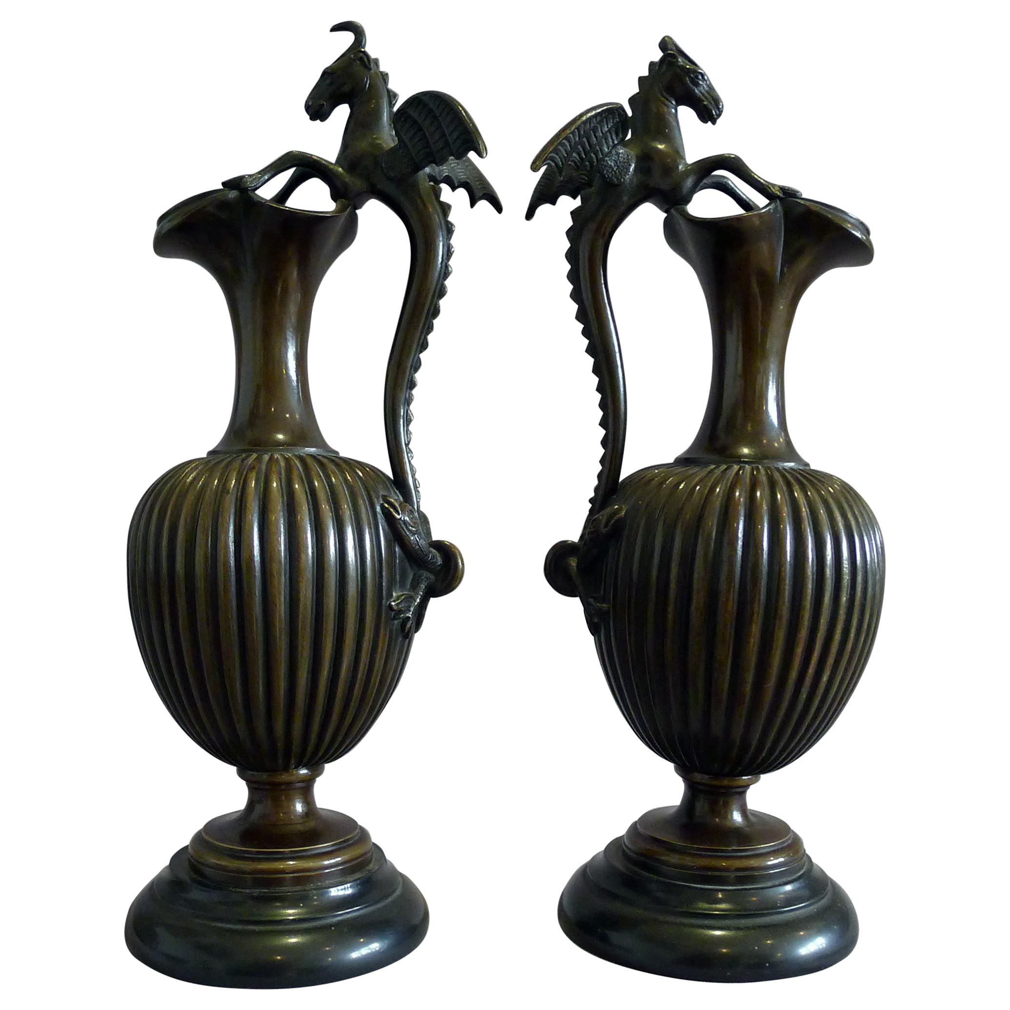 Antique Pair of Fine Patinated Bronze and Marble Urns