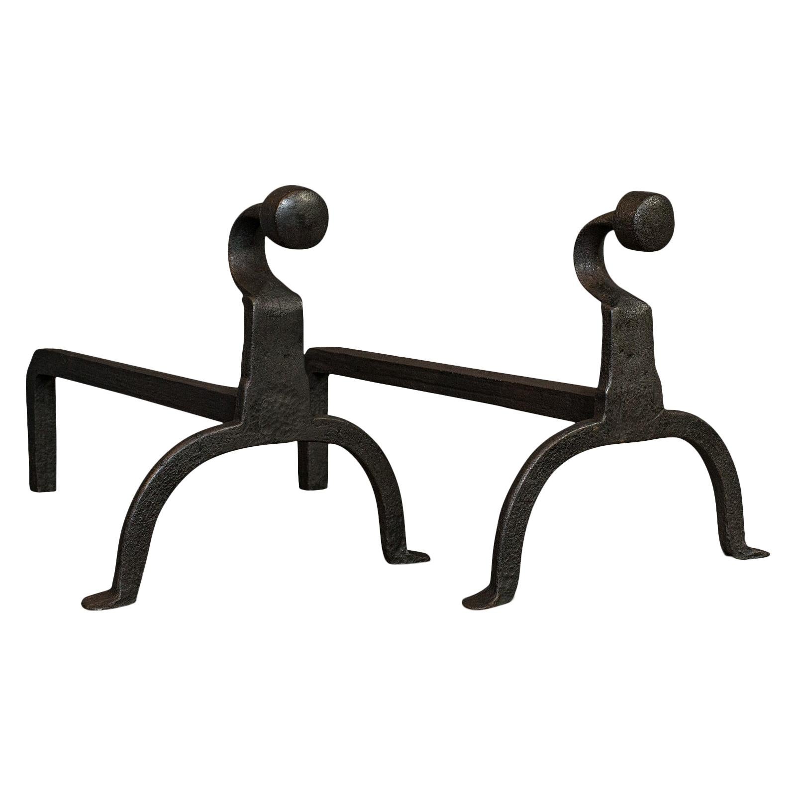 Antique, Pair of, Firedogs, English, Wrought Iron, Victorian, Fireside, Andirons