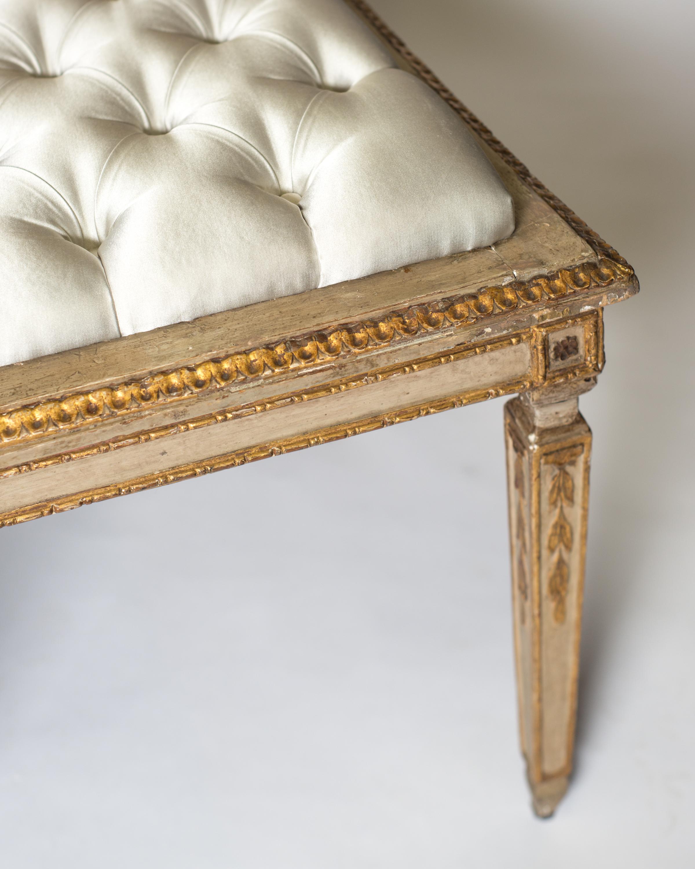 Italian Antique Pair of Florentine Gilt & Carved Chairs Reupholstered with Silver Silk For Sale