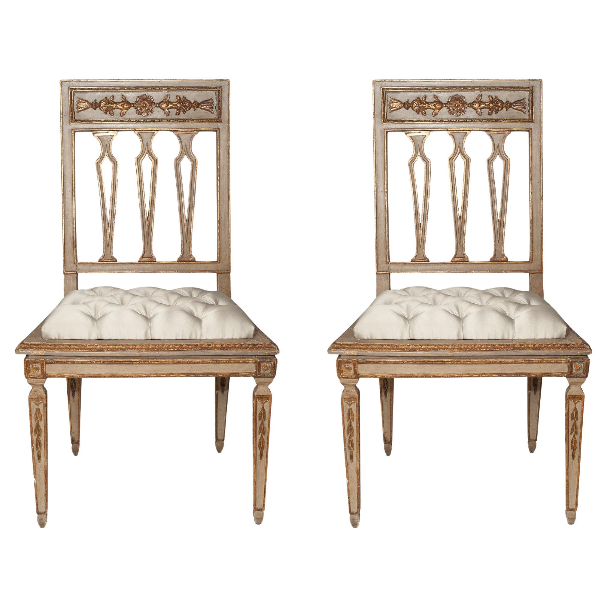 Antique Pair of Florentine Gilt & Carved Chairs Reupholstered with Silver Silk For Sale