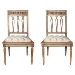Antique Pair of Florentine Gilt & Carved Chairs Reupholstered with Silver Silk
