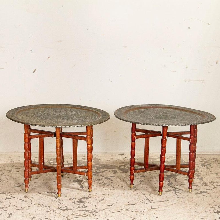 Antique Pair of Folding Side Tables with Brass Top at 1stdibs