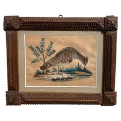 Pareja de cuadros antiguos de collages de perdices en marcos Tramp Art