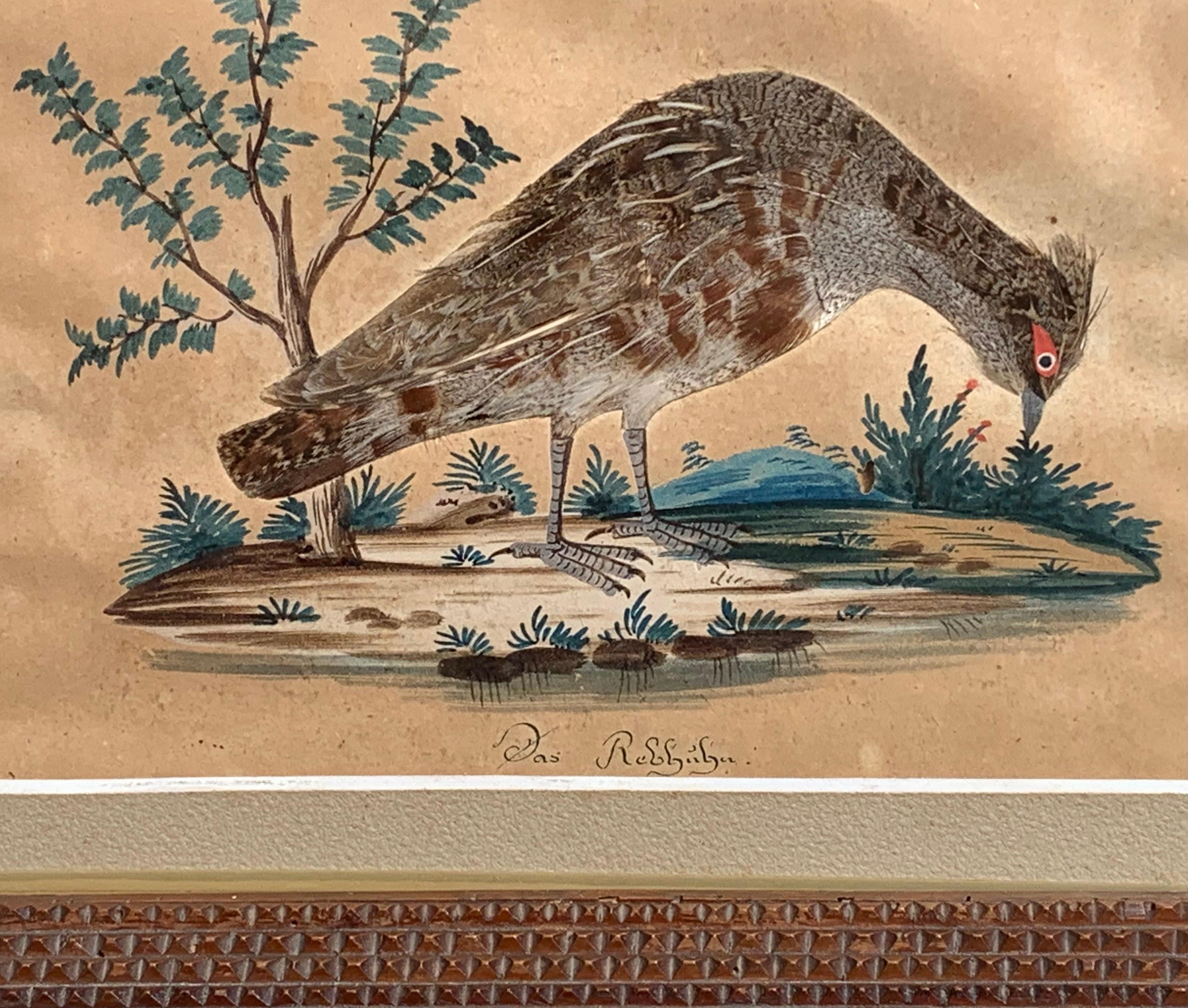 Austrian Antique Pair of Folk Art Collages Paintings of Partridges in Tramp Art Frames For Sale