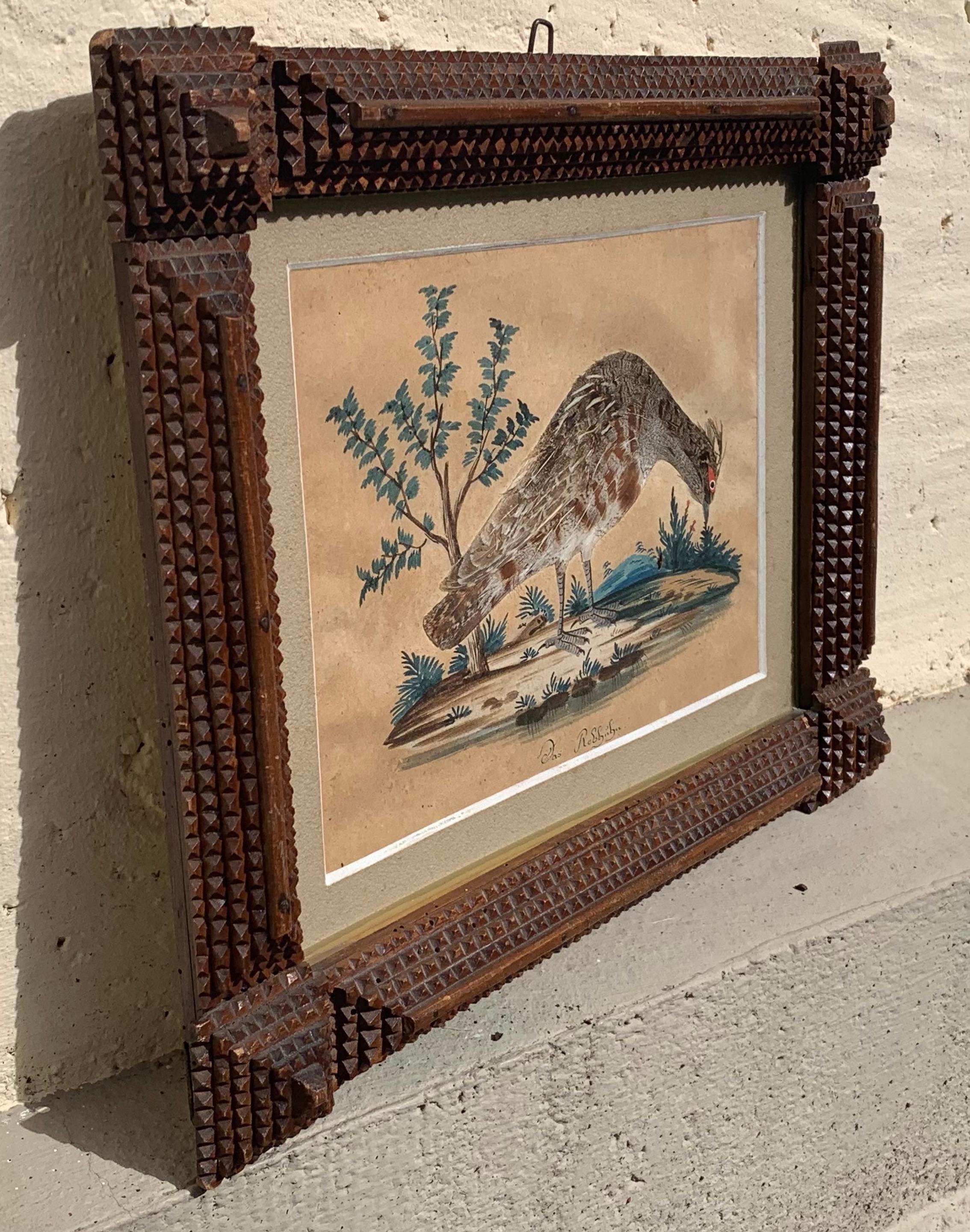 Hand-Painted Antique Pair of Folk Art Collages Paintings of Partridges in Tramp Art Frames