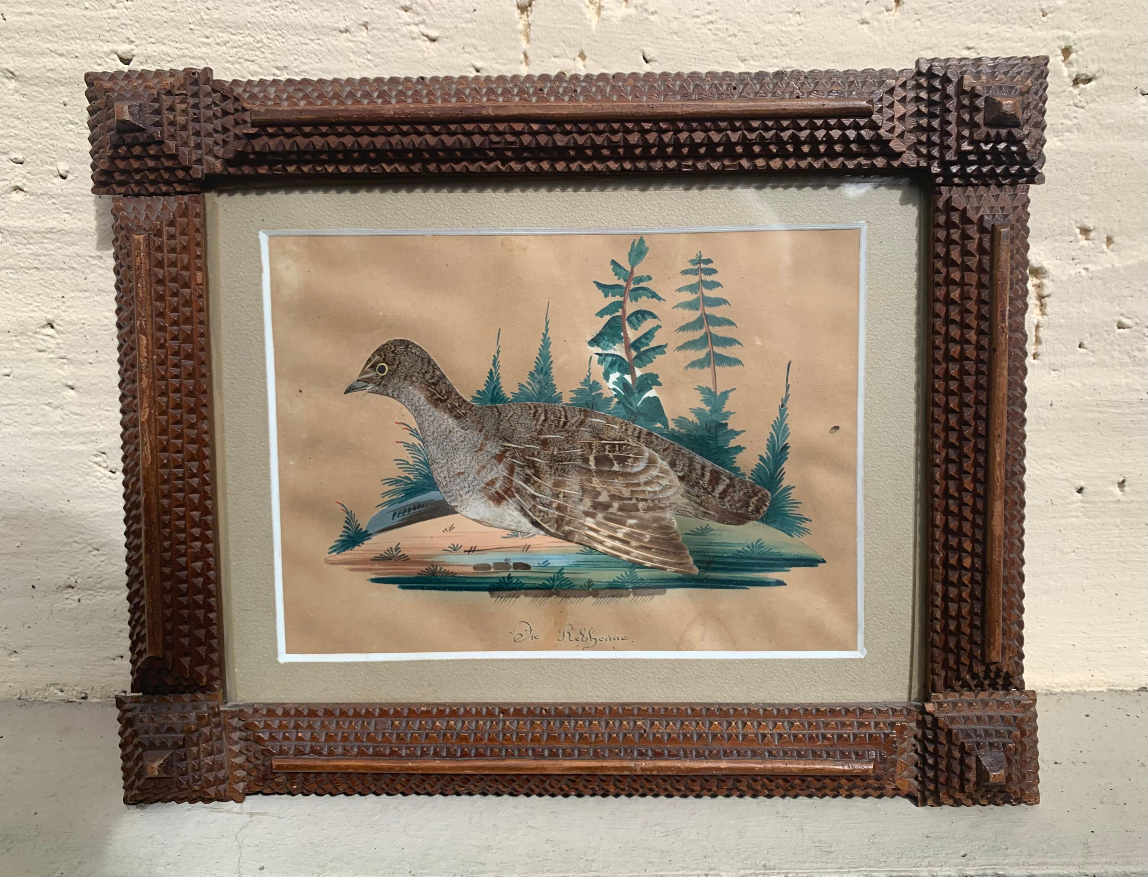 Late 19th Century Antique Pair of Folk Art Collages Paintings of Partridges in Tramp Art Frames