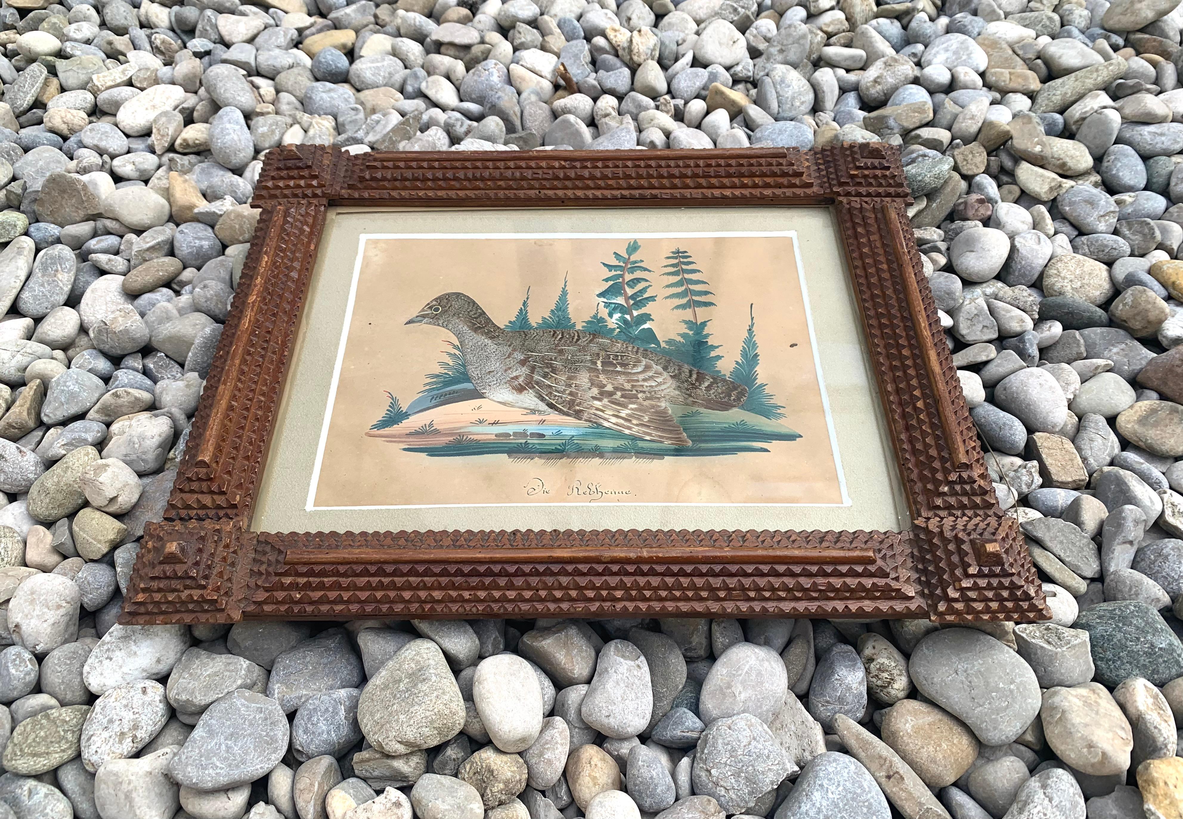 Antique Pair of Folk Art Collages Paintings of Partridges in Tramp Art Frames For Sale 1