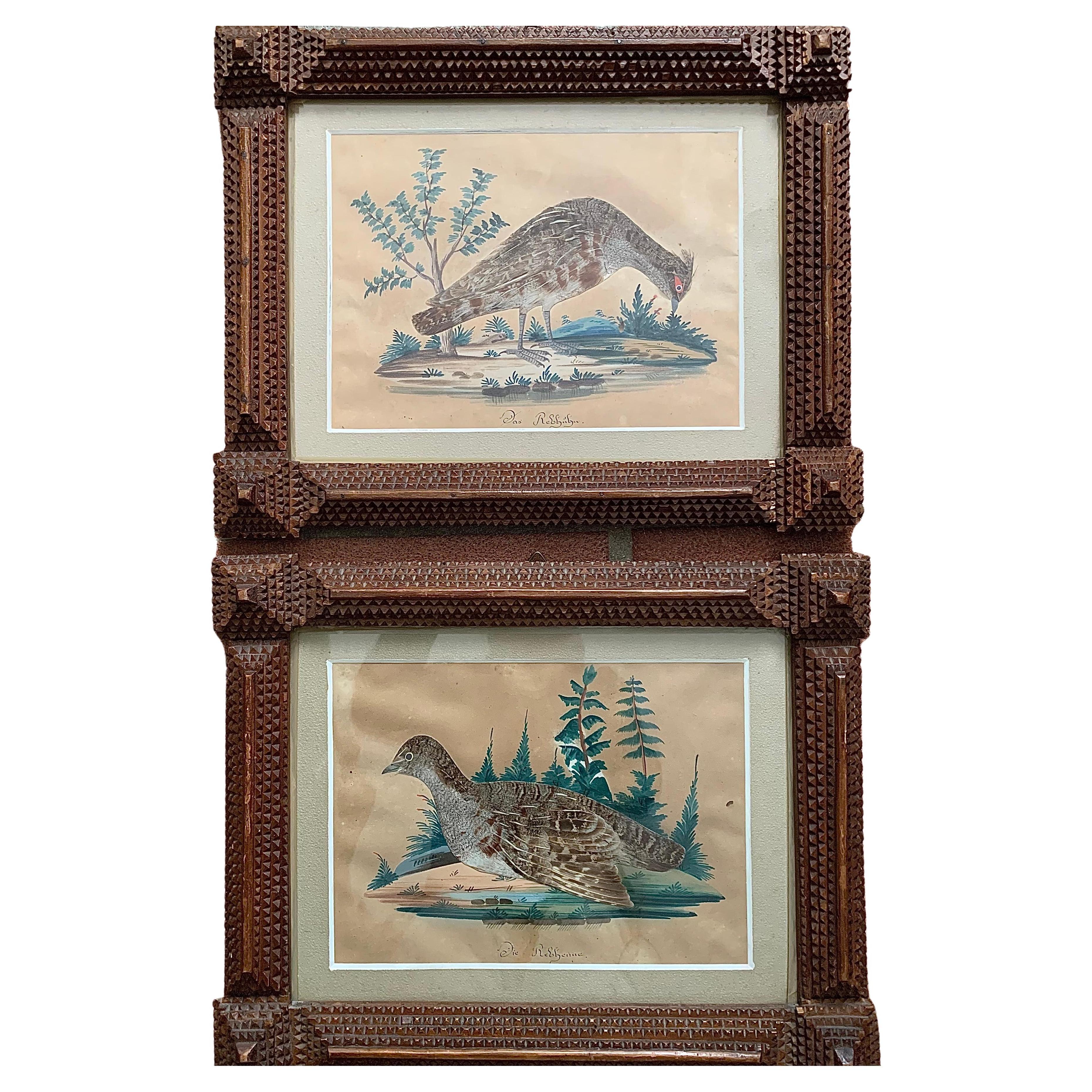 Antique Pair of Folk Art Collages Paintings of Partridges in Tramp Art Frames For Sale