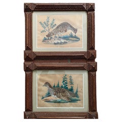 Antique Pair of Folk Art Collages Paintings of Partridges in Tramp Art Frames