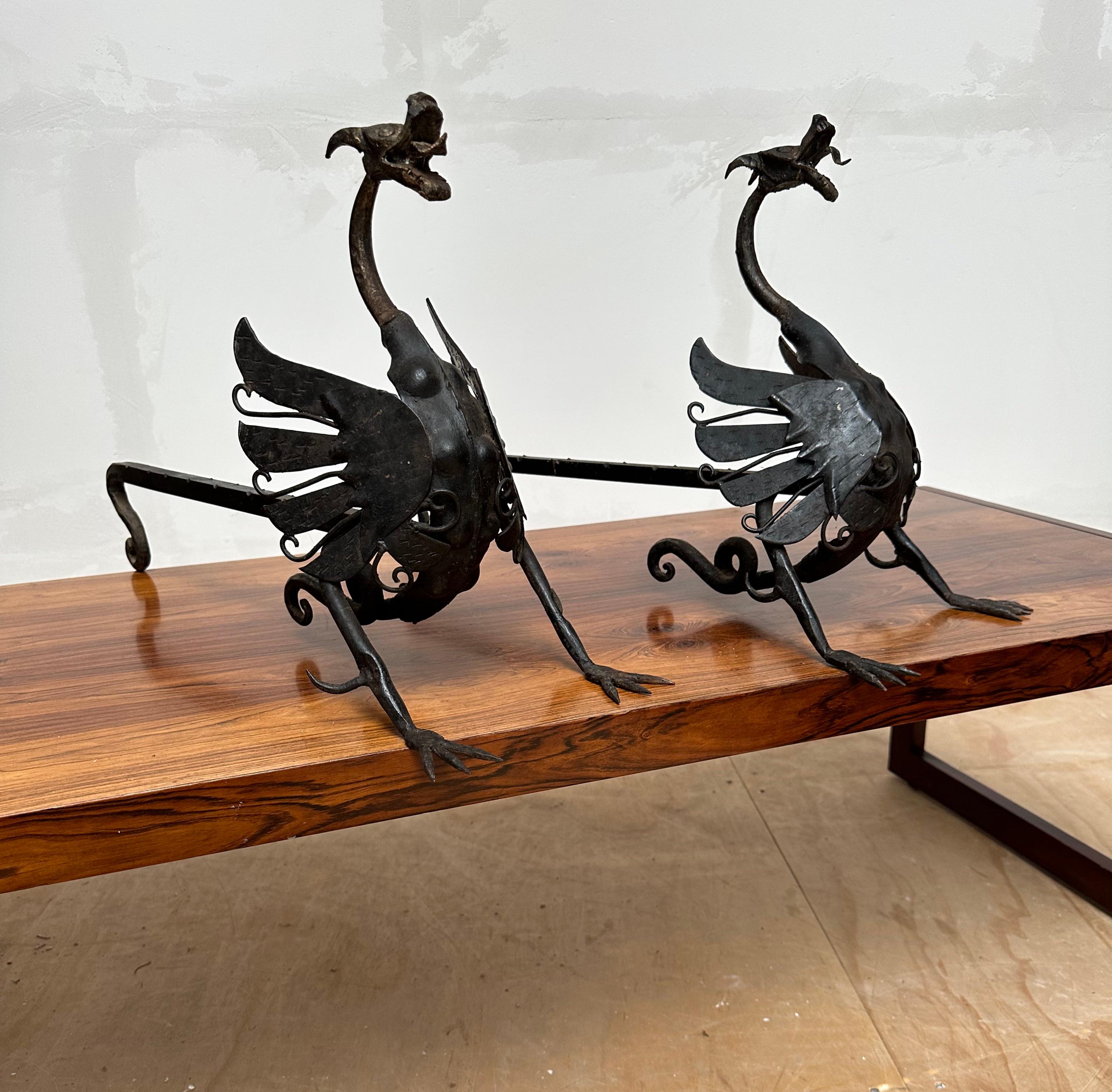 Antique Pair of Forged in Fire Wrought Iron Dragon Andirons / Fireplace Firedogs For Sale 8