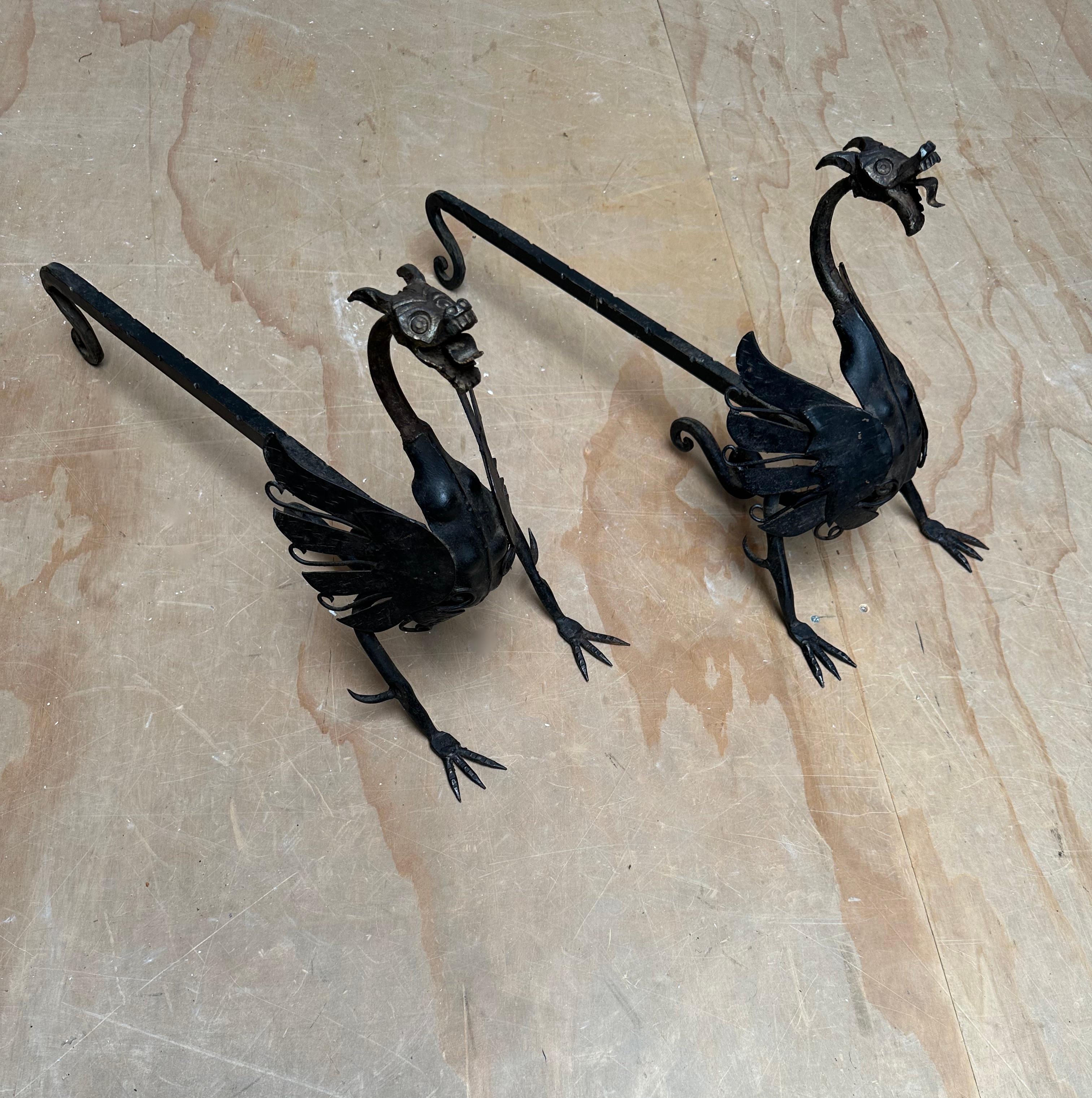 Antique Pair of Forged in Fire Wrought Iron Dragon Andirons / Fireplace Firedogs For Sale 10