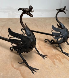 Antique Pair of Forged in Fire Wrought Iron Dragon Andirons / Fireplace Firedogs