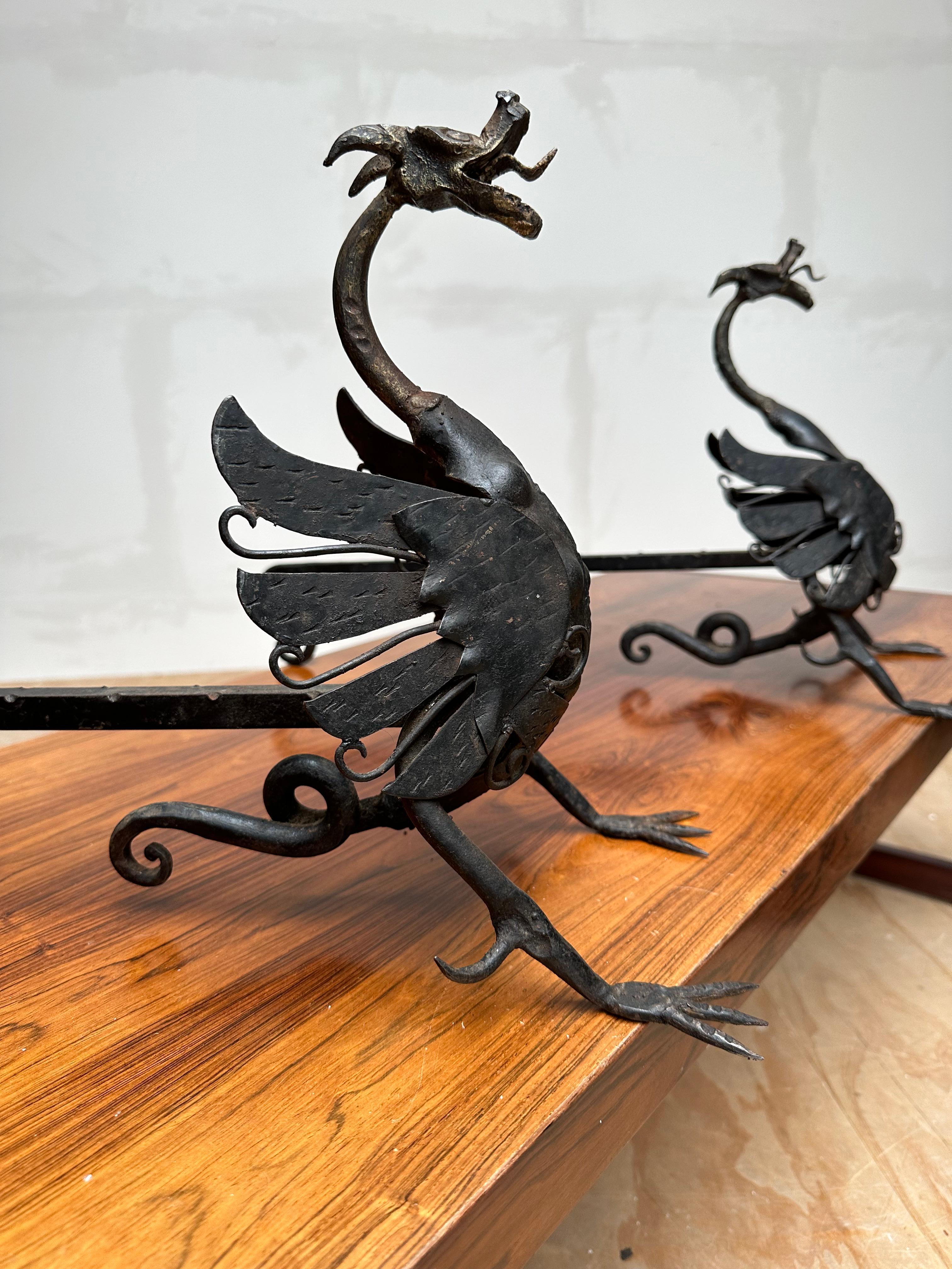 French Antique Pair of Forged in Fire Wrought Iron Dragon Andirons / Fireplace Firedogs For Sale
