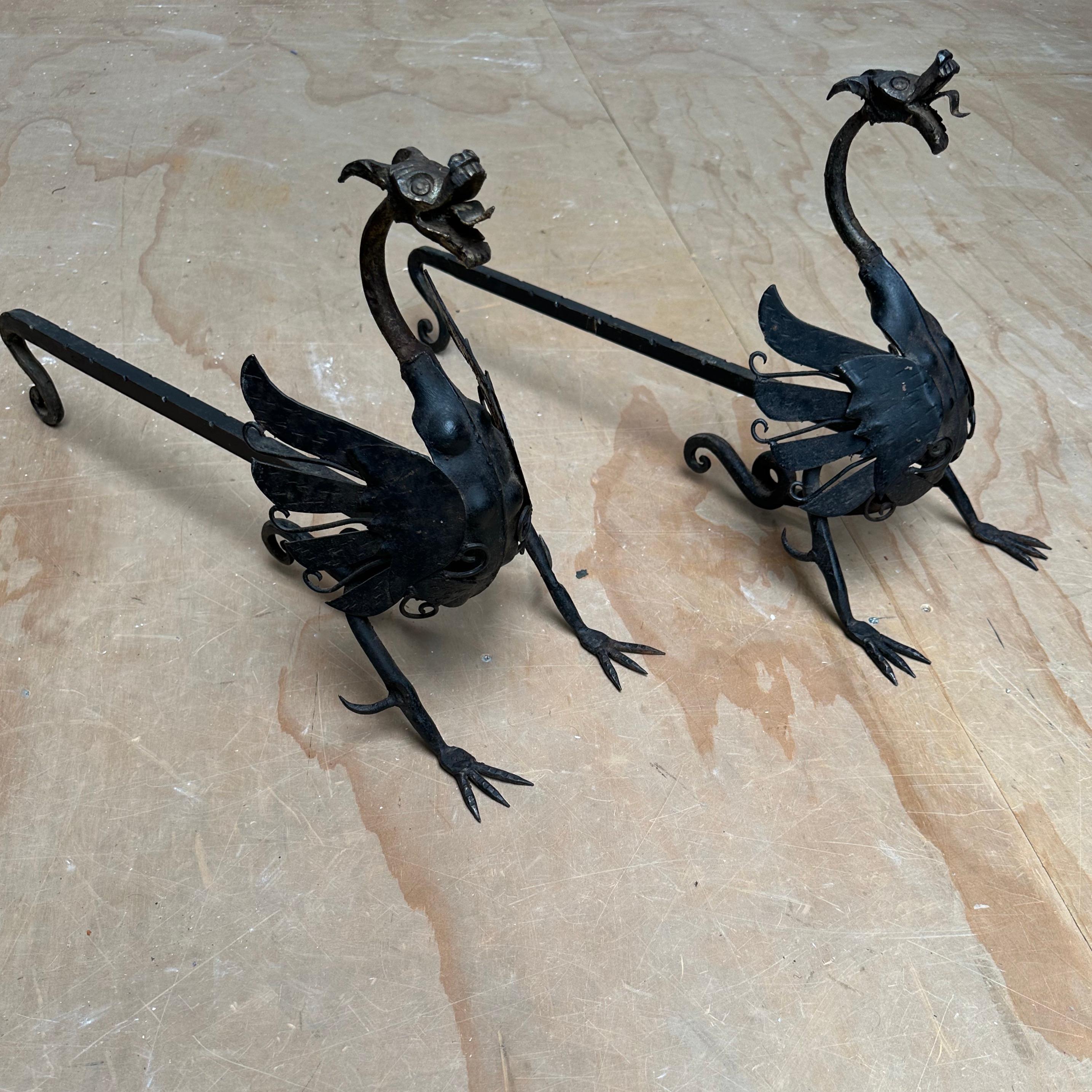 Blackened Antique Pair of Forged in Fire Wrought Iron Dragon Andirons / Fireplace Firedogs For Sale