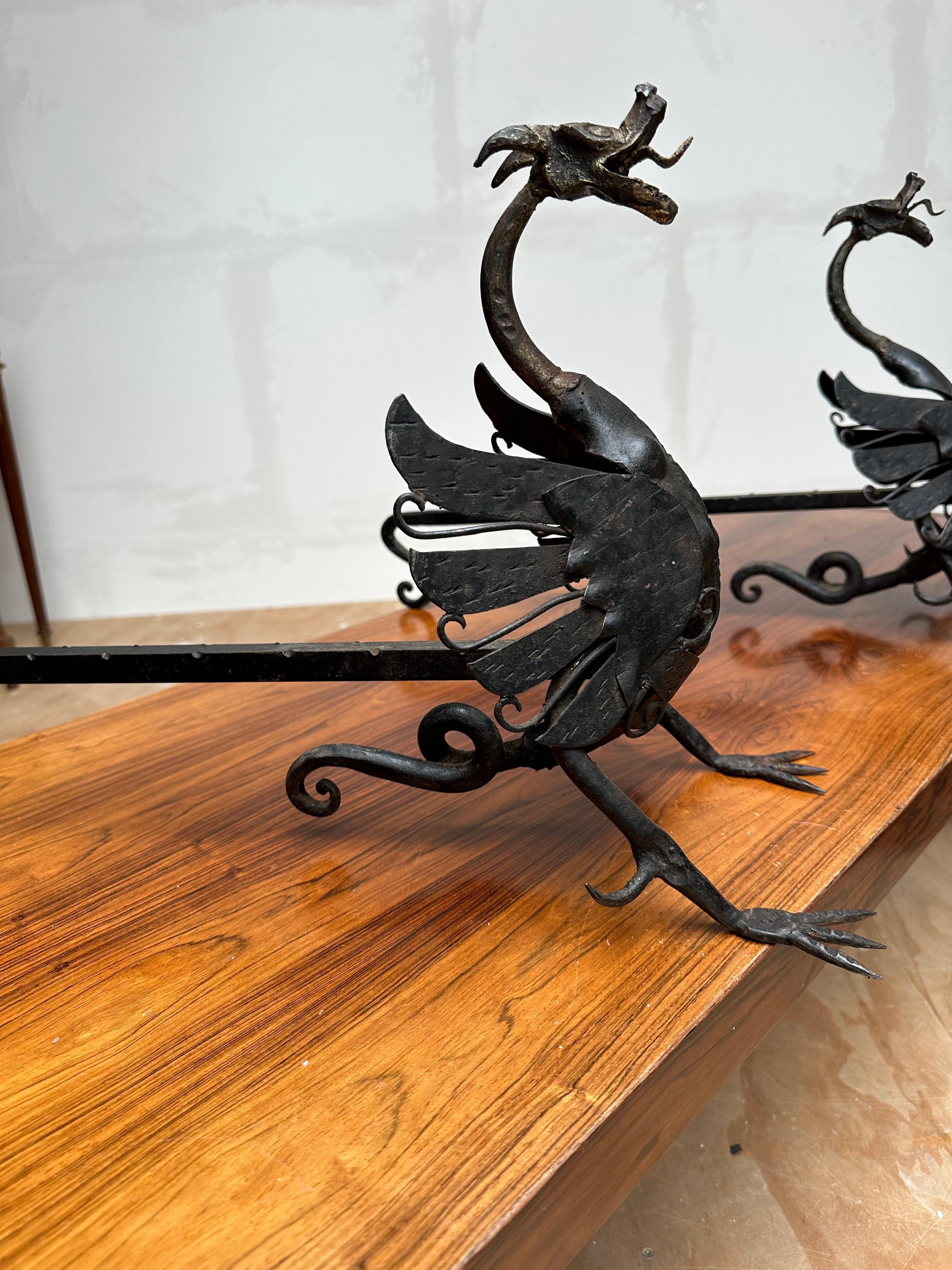 Antique Pair of Forged in Fire Wrought Iron Dragon Andirons / Fireplace Firedogs In Excellent Condition For Sale In Lisse, NL