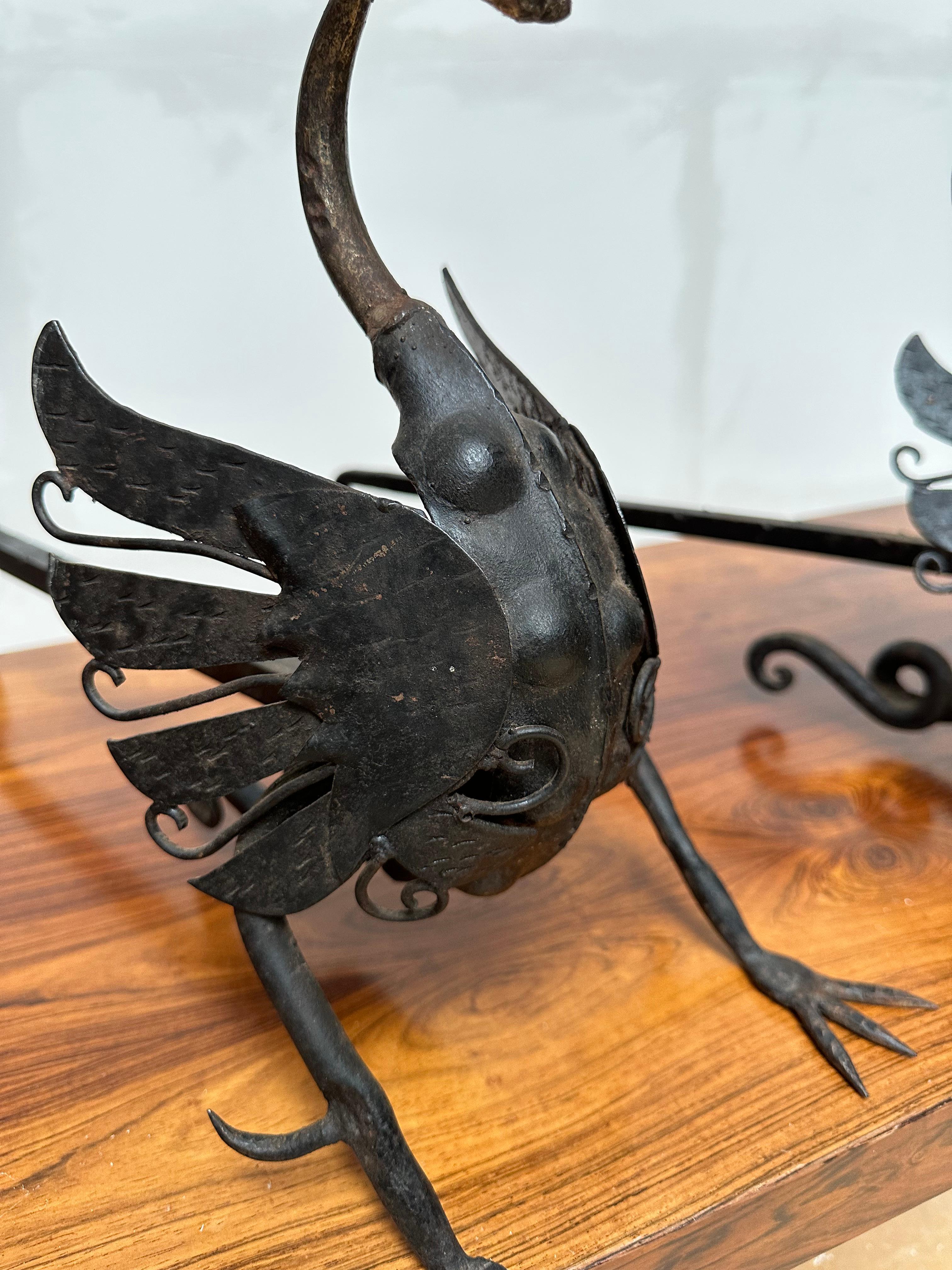 20th Century Antique Pair of Forged in Fire Wrought Iron Dragon Andirons / Fireplace Firedogs For Sale
