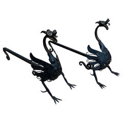 Vintage Pair of Forged in Fire Wrought Iron Dragon Andirons / Fireplace Firedogs