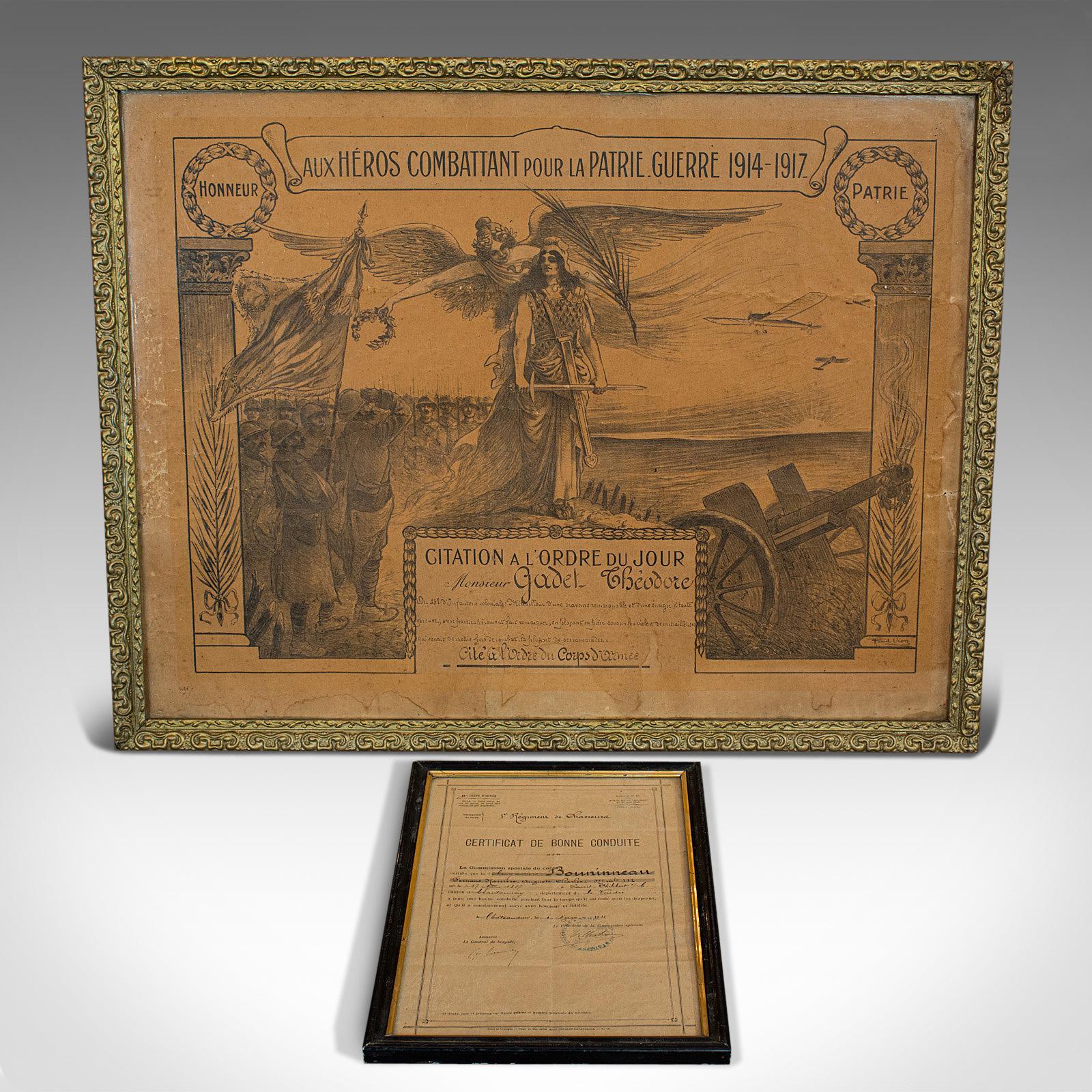 This is an antique pair of framed certificates. A French, large award of posthumous honour from WWI and a smaller plaque of good conduct, dating to the early 20th century, circa 1920.

Rare, French antique certificates
Displaying a desirable aged