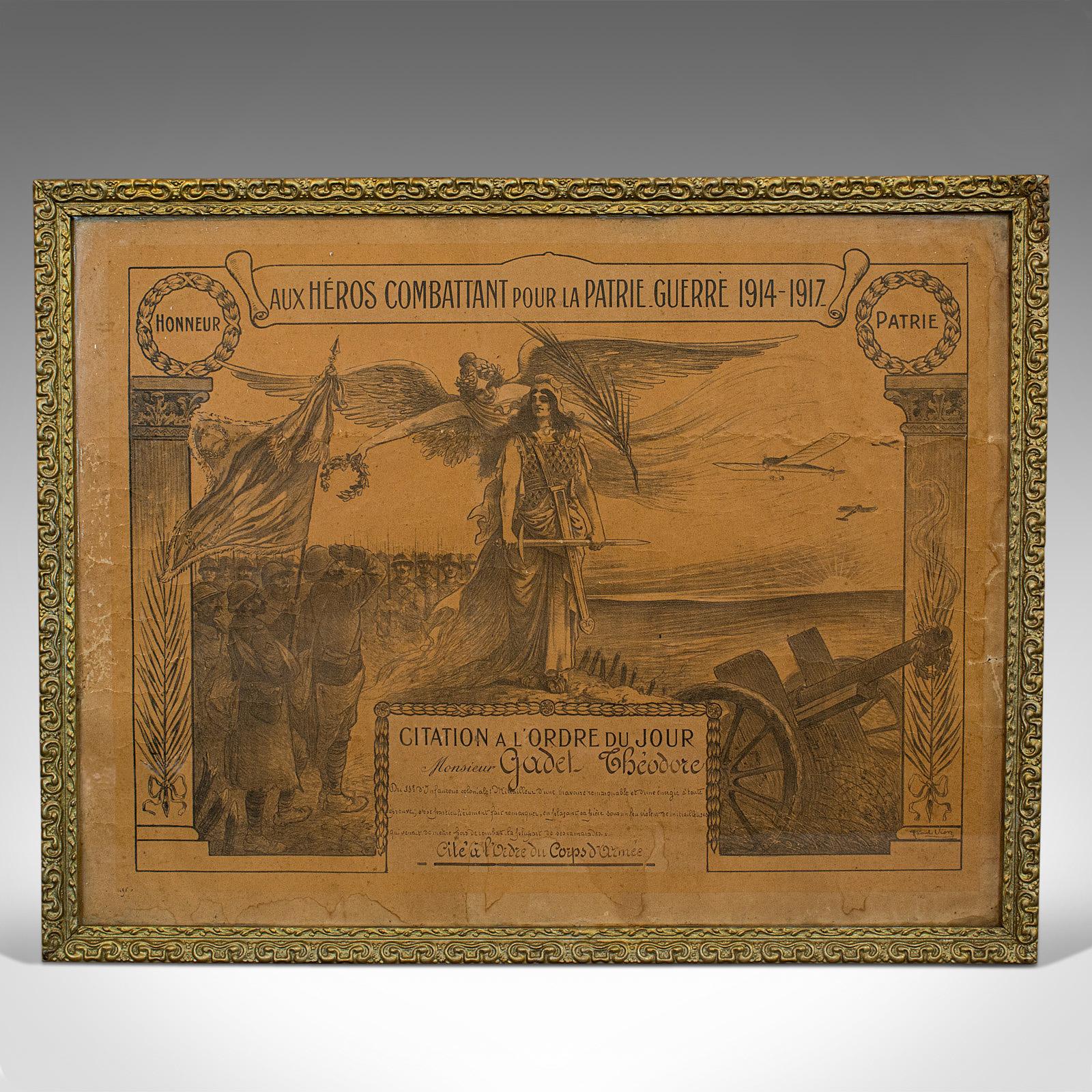 Edwardian Antique Pair of Framed Certificates, French, Award of Honour, WW1, circa 1920 For Sale