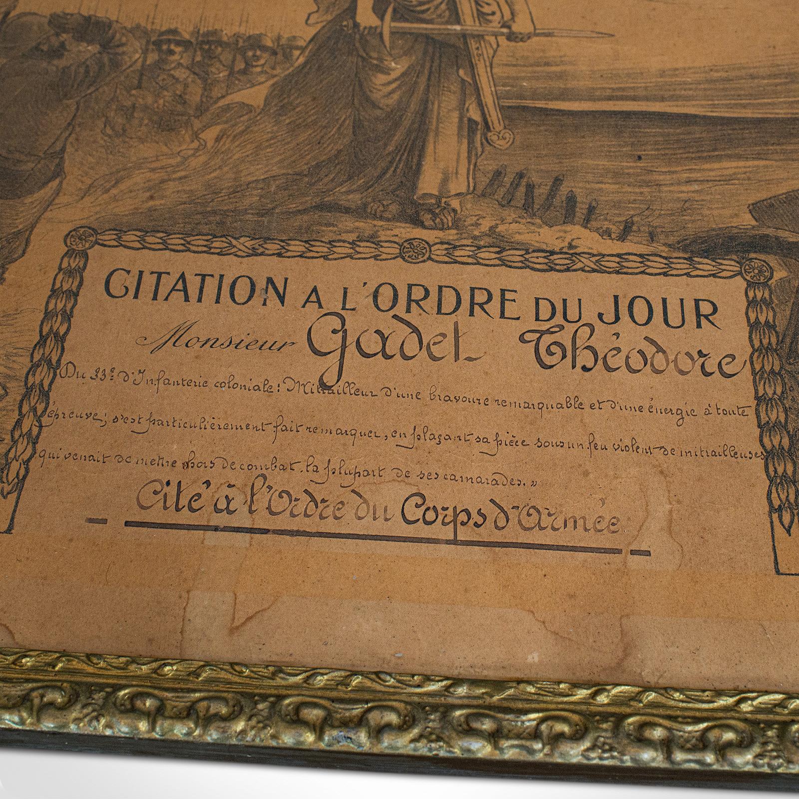 20th Century Antique Pair of Framed Certificates, French, Award of Honour, WW1, circa 1920 For Sale