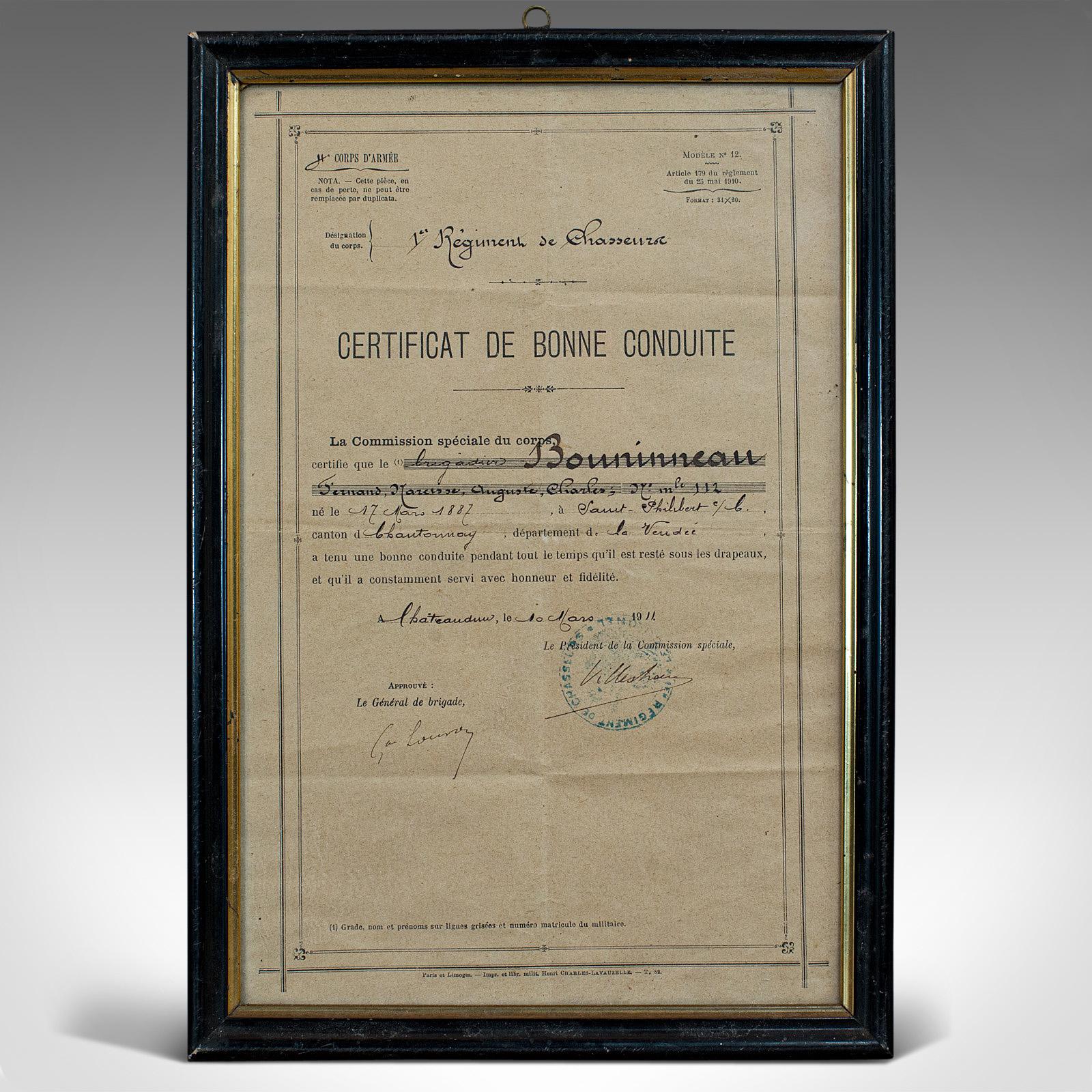 Paper Antique Pair of Framed Certificates, French, Award of Honour, WW1, circa 1920 For Sale