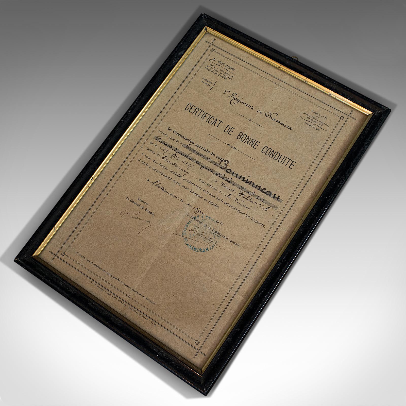 Antique Pair of Framed Certificates, French, Award of Honour, WW1, circa 1920 For Sale 1