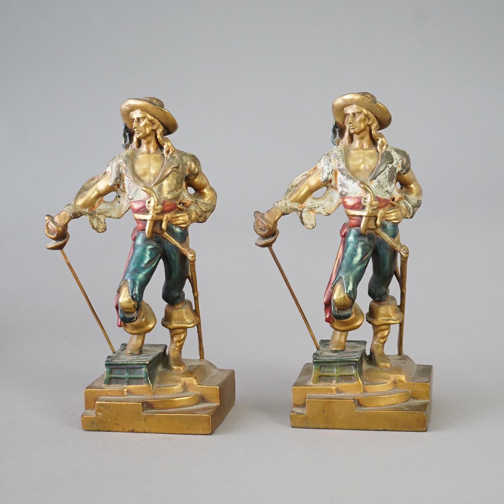 Cast Antique Pair of Frankart School Polychromed Bronze Figural Pirate Bookends c1920