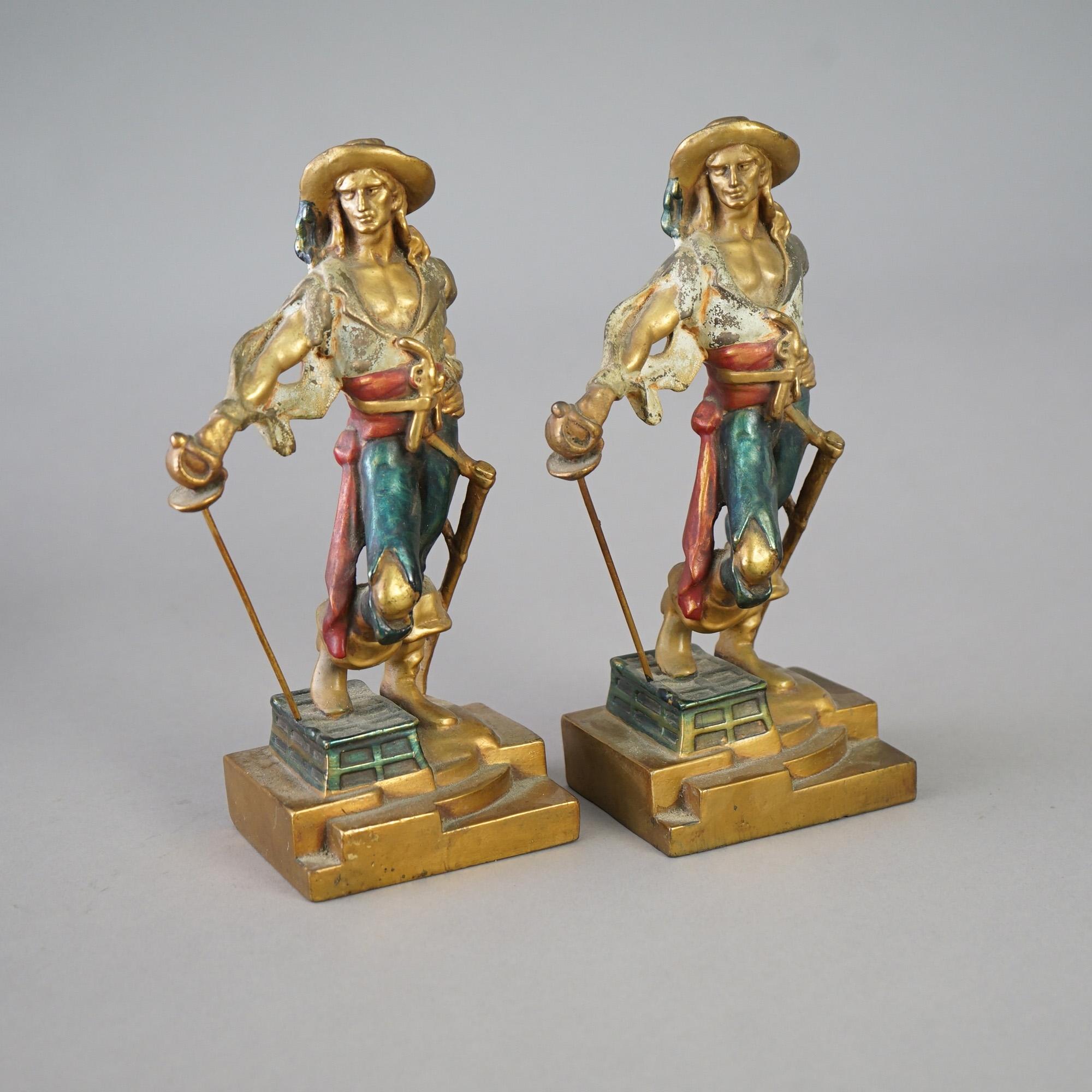 Antique Pair of Frankart School Polychromed Bronze Figural Pirate Bookends c1920 In Good Condition In Big Flats, NY