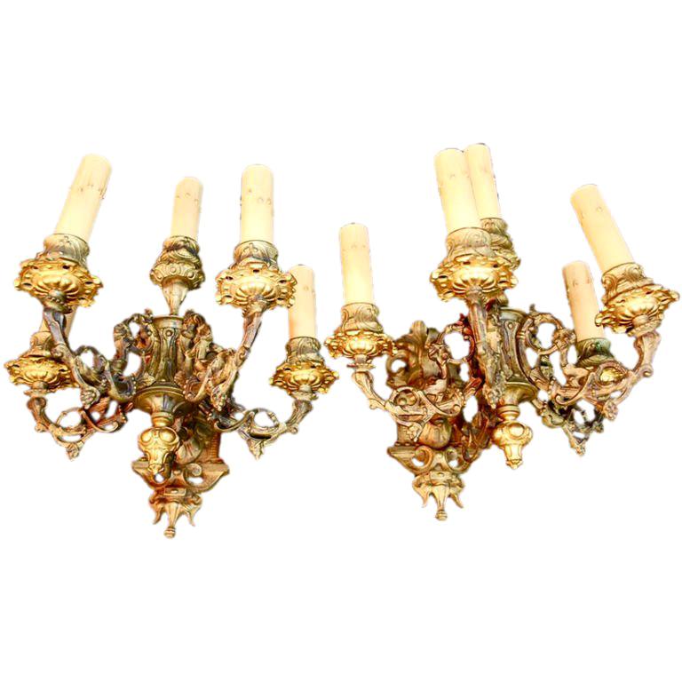 Antique Pair of French 19 th century bronze sconces For Sale