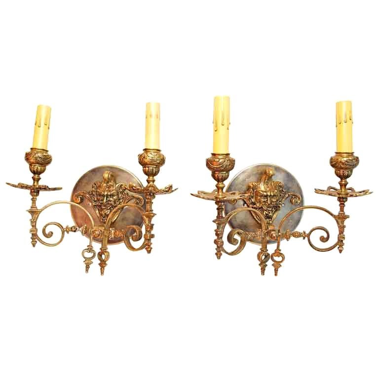 Antique pair of French  19 th century bronze  sconces For Sale