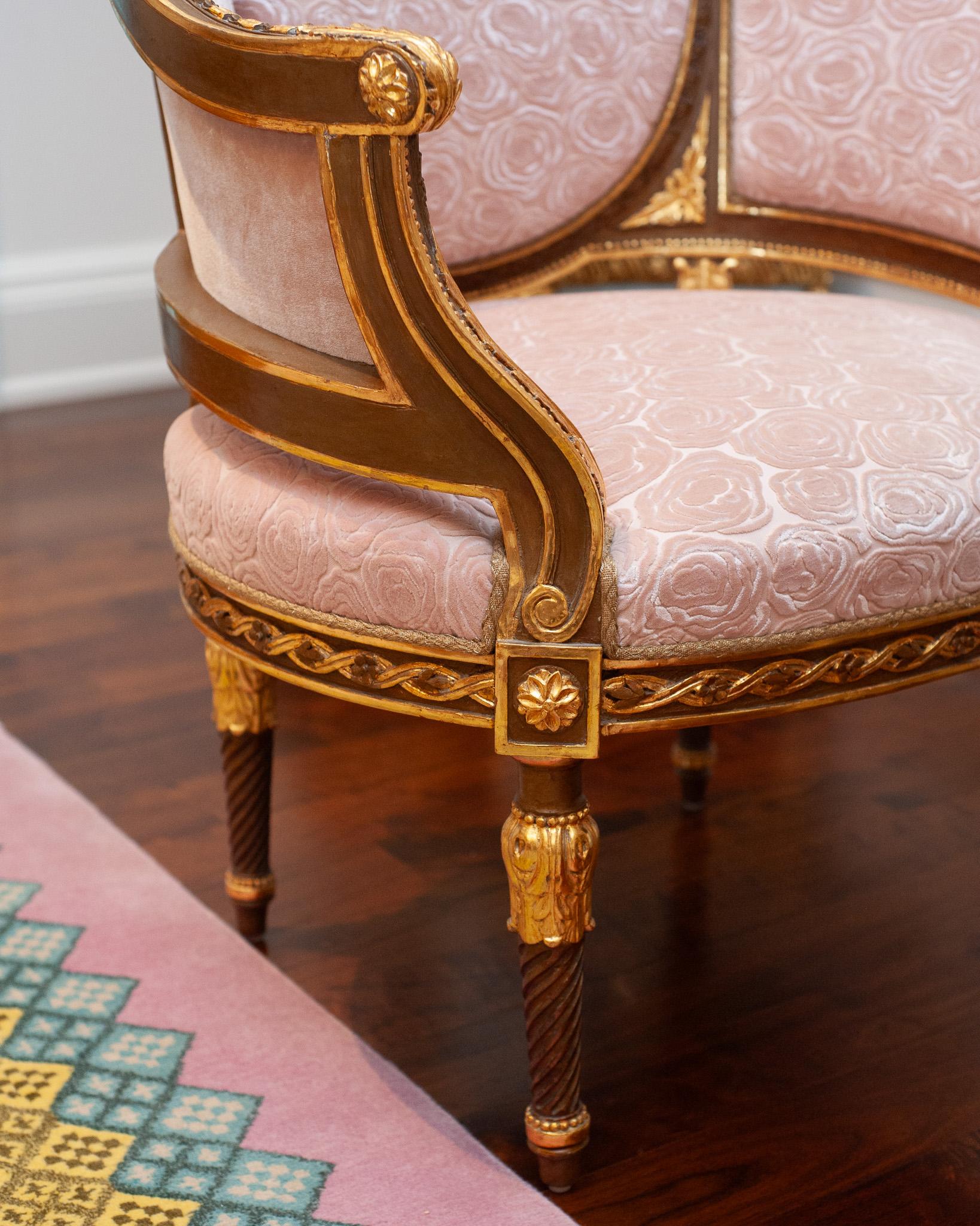 Carved Antique Pair of French Armchairs Fully Reupholstered in Rose Pink Silk Velvets For Sale