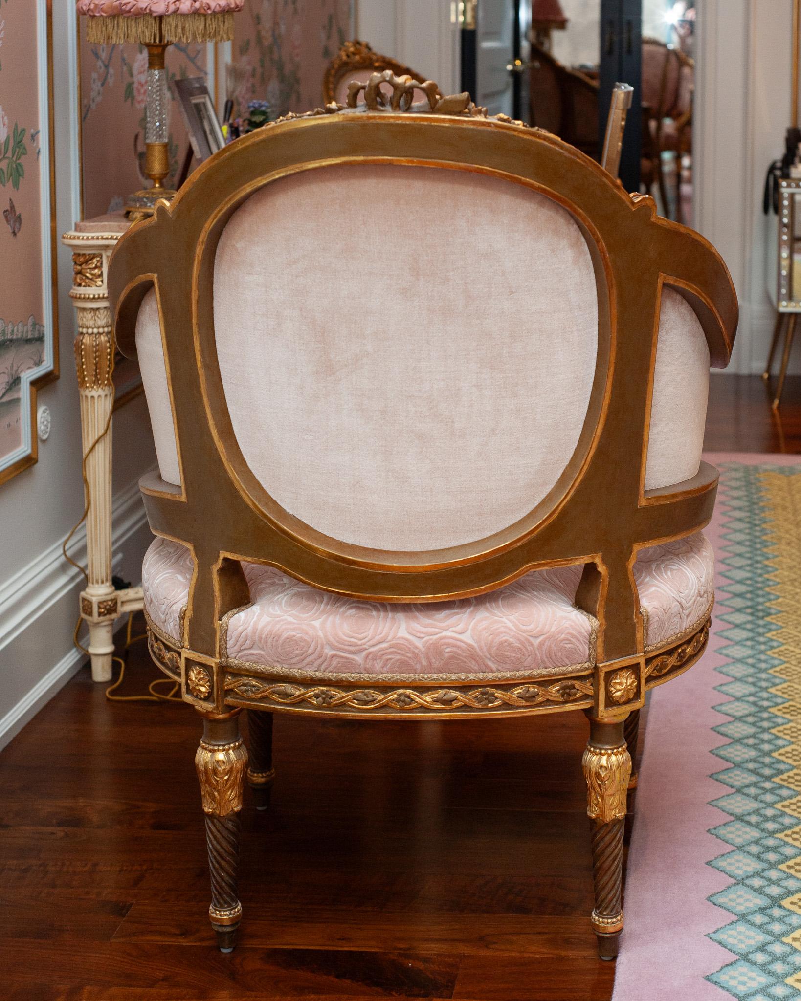 Antique Pair of French Armchairs Fully Reupholstered in Rose Pink Silk Velvets In Good Condition For Sale In Toronto, ON
